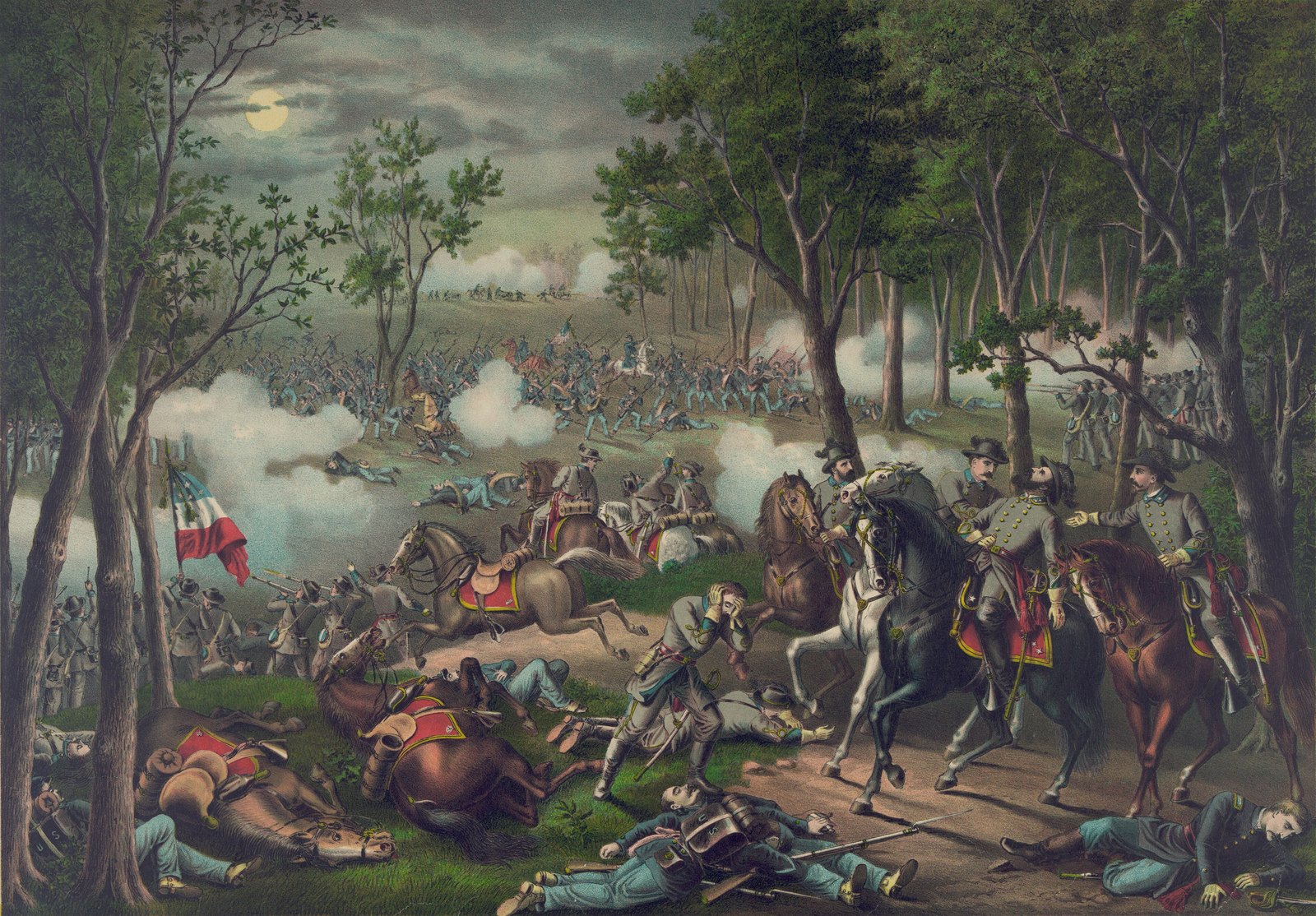 Kurz and Allison chromolithograph of Confederate officers on horseback amid smoke and fallen soldiers in the Chancellorsville woods