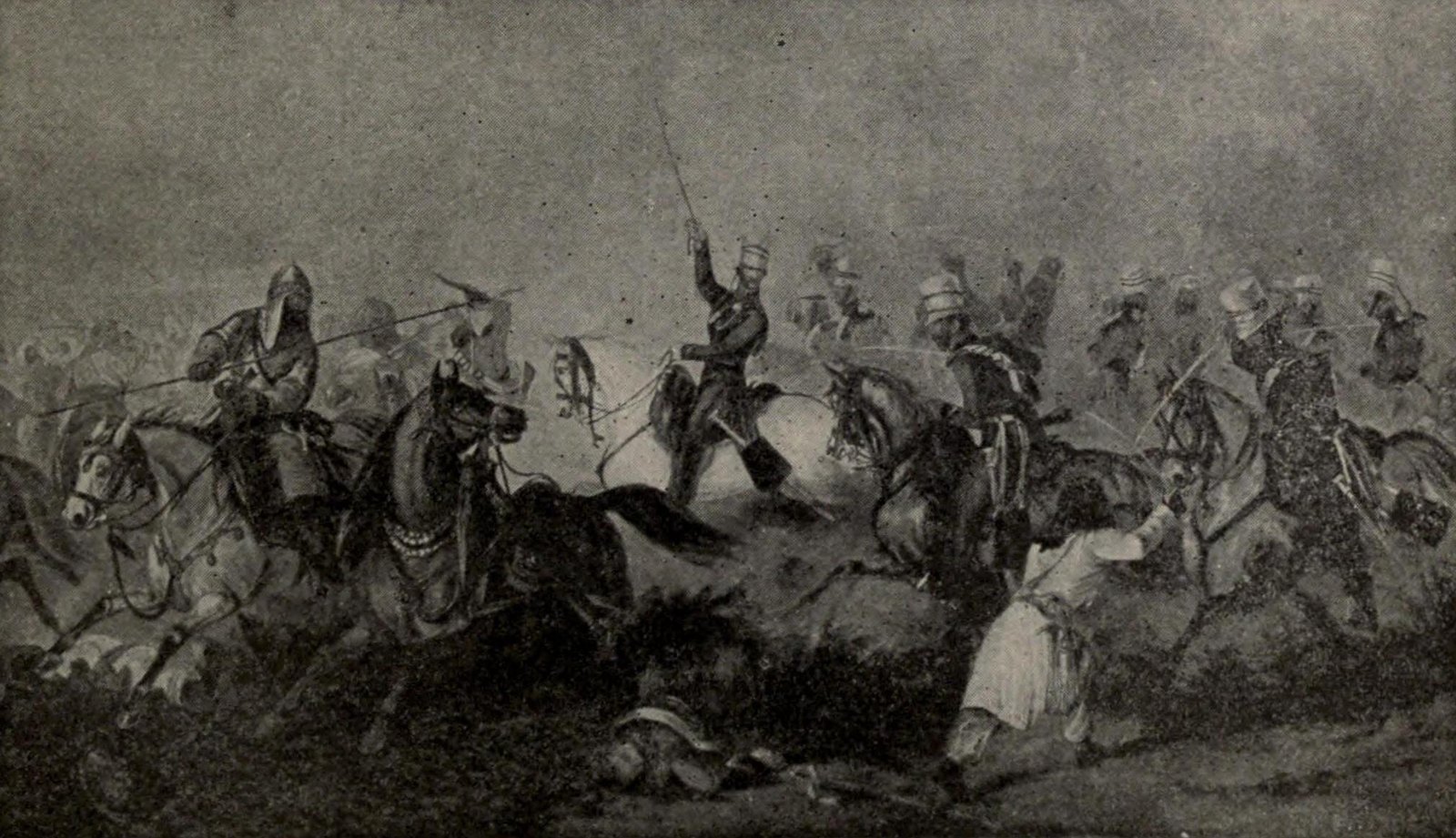 Black and white reproduction of a painted cavalry melee in smoke: a helmeted horseman with a lance at left, an officer raising his sword in the center and a man in white kneeling among the horses
