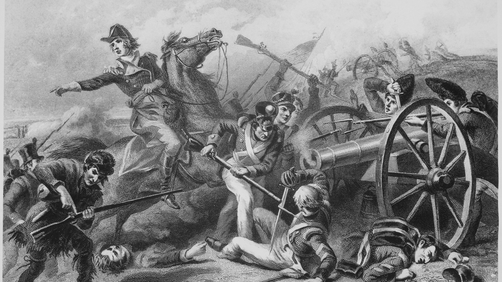 Engraving of a fierce close fight around a cannon: a mounted American officer points forward while infantrymen grapple with gunners and wounded men lie on the ground.