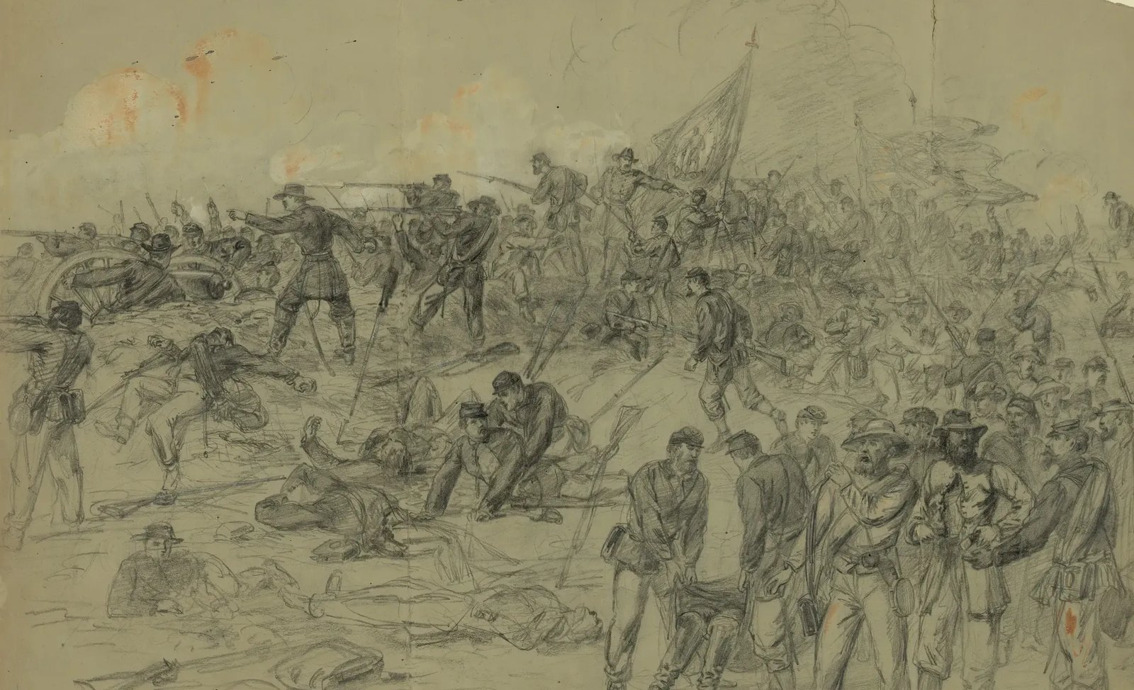 Pencil drawing of Union soldiers storming Confederate earthworks at Cold Harbor, with a flag raised in the smoke, a captured cannon on the left and wounded men in the foreground