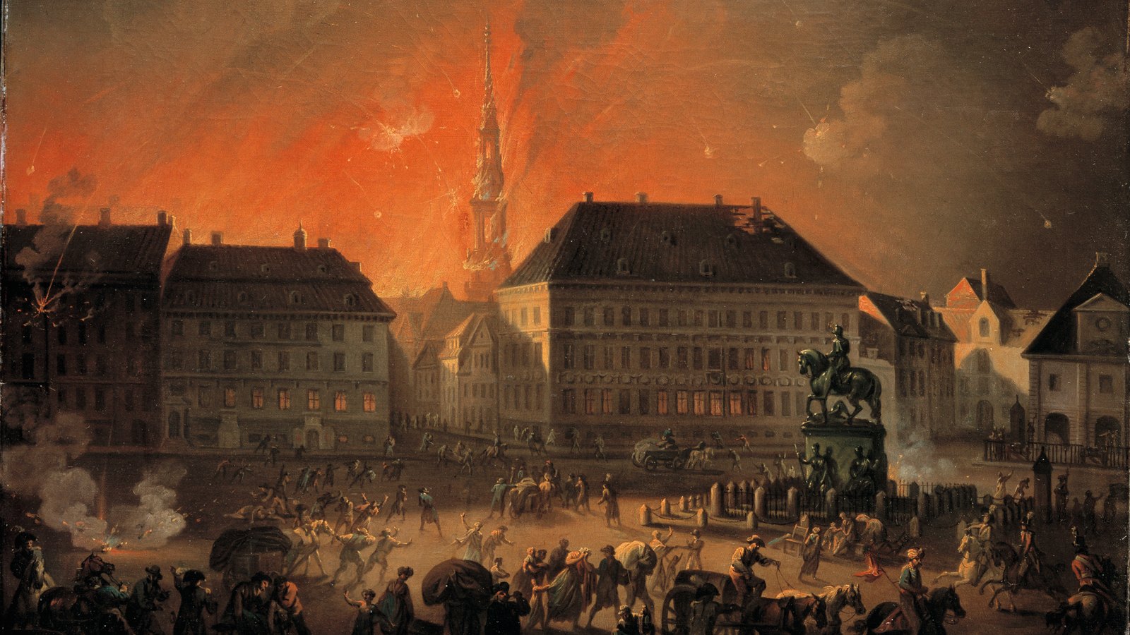 Painting of Kongens Nytorv in Copenhagen at night during the 1807 bombardment: crowds flee across the square past an equestrian statue while a church spire burns against a red sky.