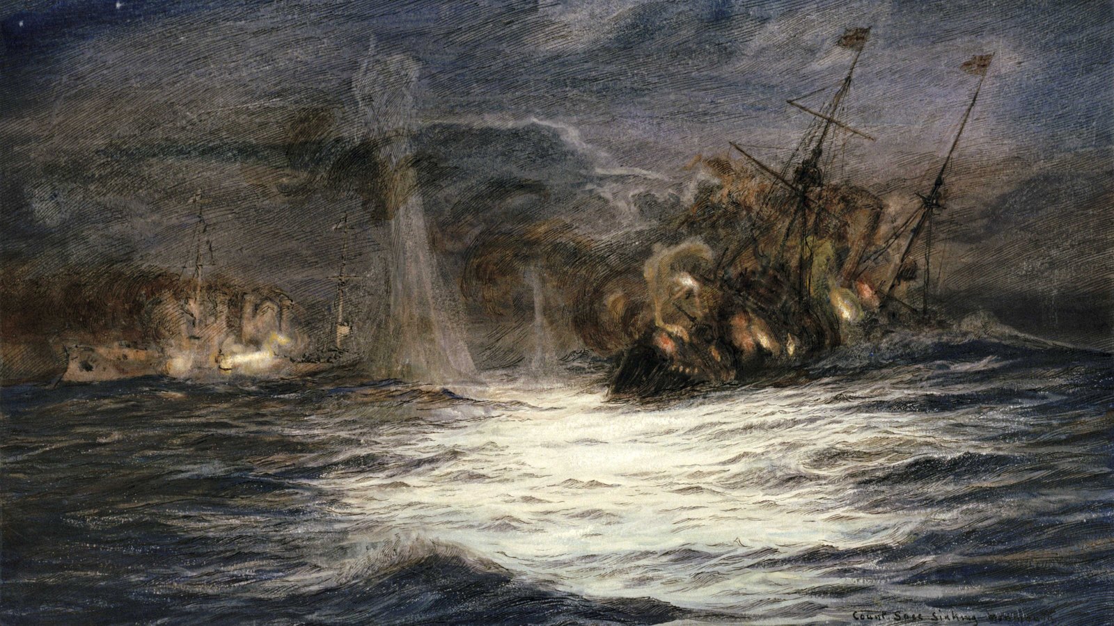 Night painting of a burning, listing warship with tall masts in a heavy sea, lit by a searchlight beam, while another warship fires from the left.