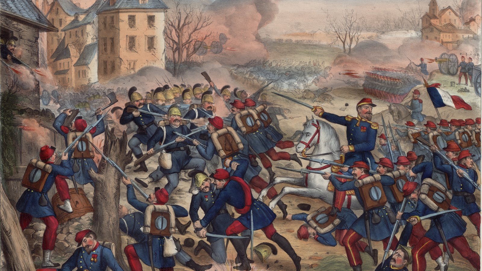 Colored lithograph of French infantry in blue coats and red trousers storming a village with bayonets, led by a general on a white horse, with a tricolor flag and burning houses behind.