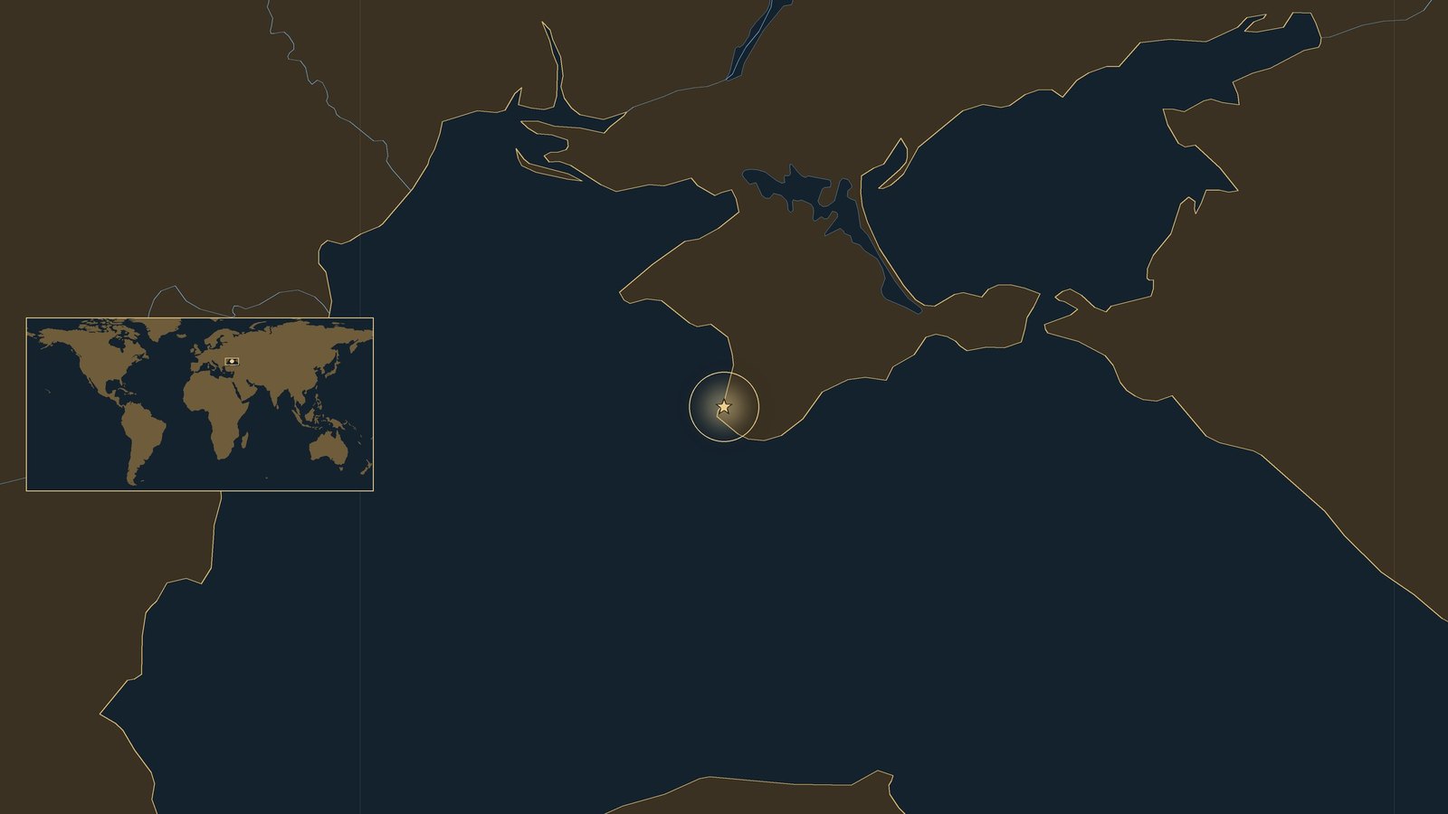 Dark locator map of the Black Sea with a gold star at Sevastopol on the southwest tip of the Crimean peninsula, and a small world map inset.