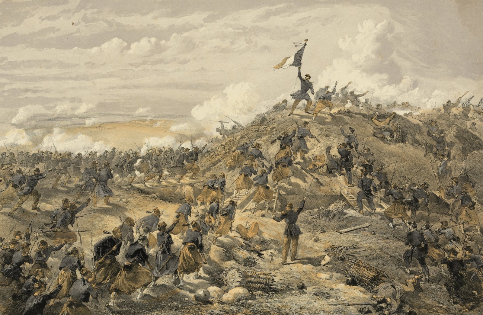 Tinted lithograph of French soldiers, many of them Zouaves in baggy trousers, storming up an earthen fortification under smoke, while an officer on the crest raises the French flag.