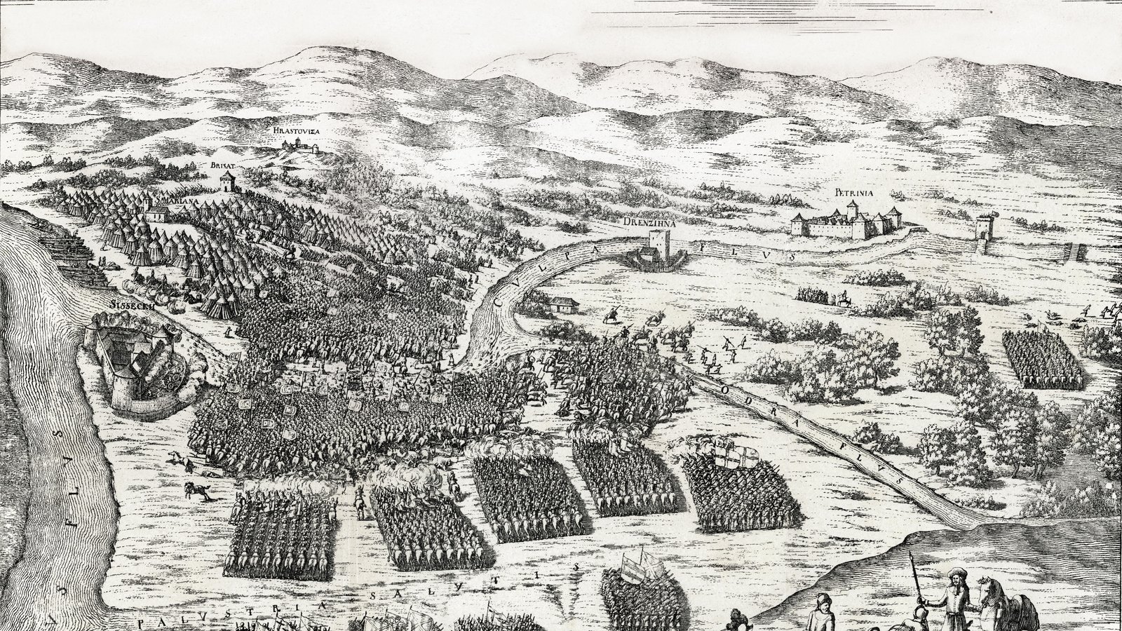 Old engraving of the Battle of Sisak seen from above: a fortress by a river on the left, blocks of infantry with banners in the plain, Ottoman tents and troops on the hills, and the river Kupa winding across the middle.