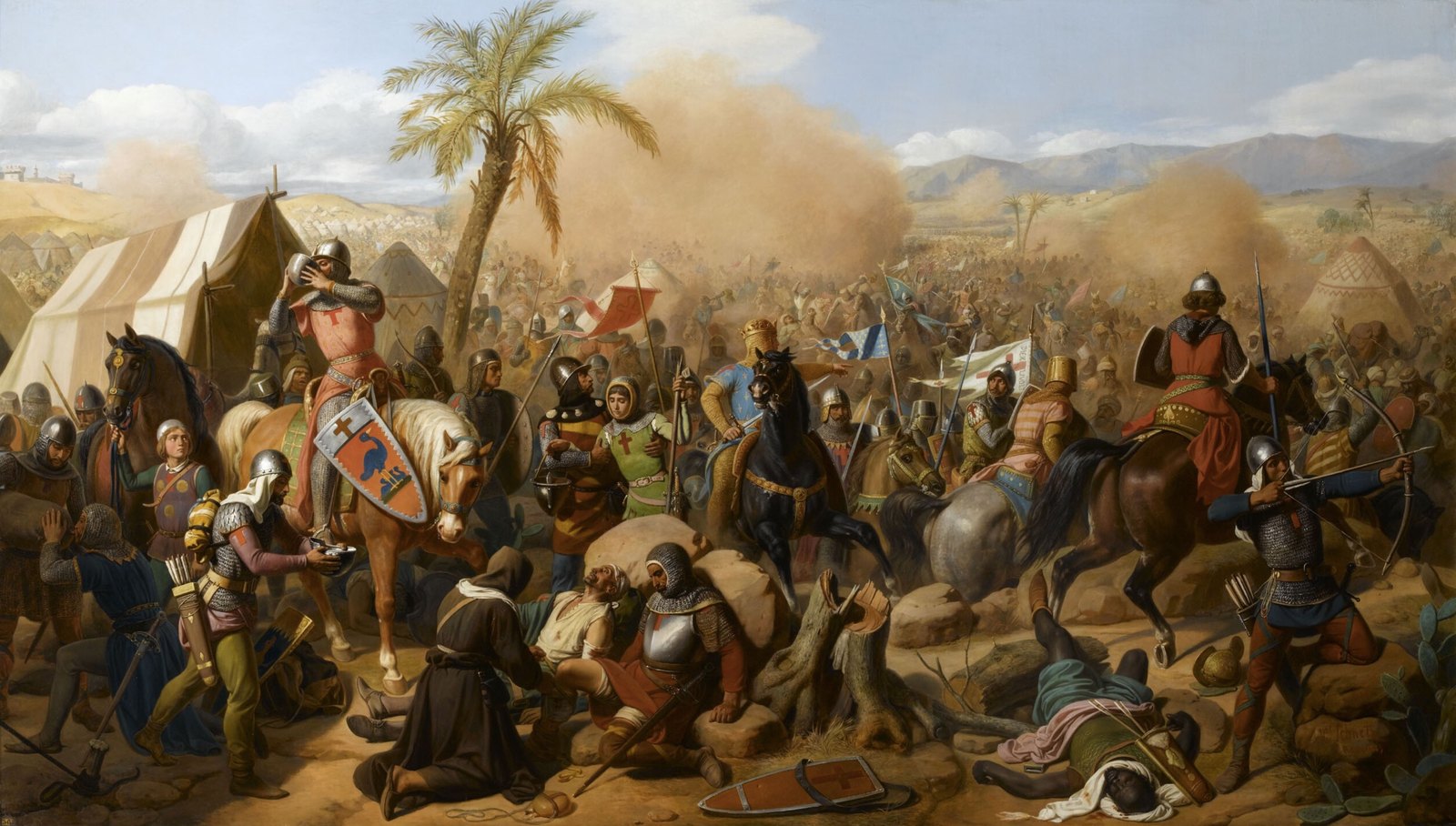 Oil painting of a crusader camp in battle: knights in mail with red crosses, a crowned leader on a black horse pointing ahead, a monk tending a wounded man, and a dusty plain with palm trees and an army in the distance.