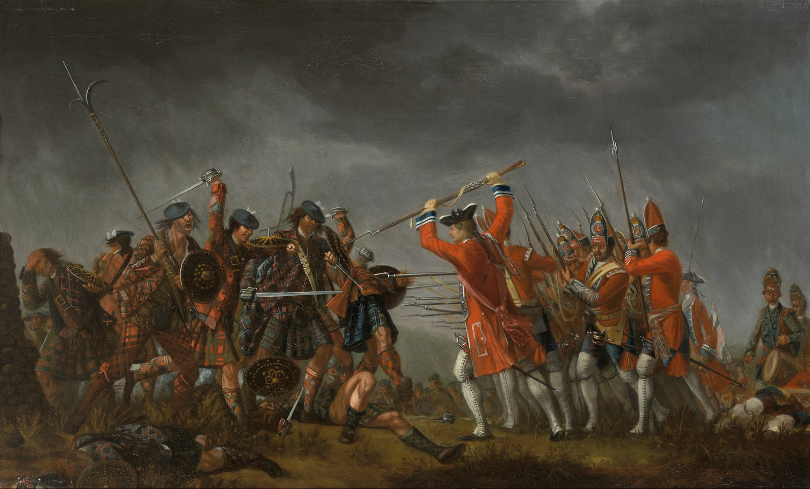 Government redcoats and Jacobite Highlanders at the Battle of Culloden, 1746