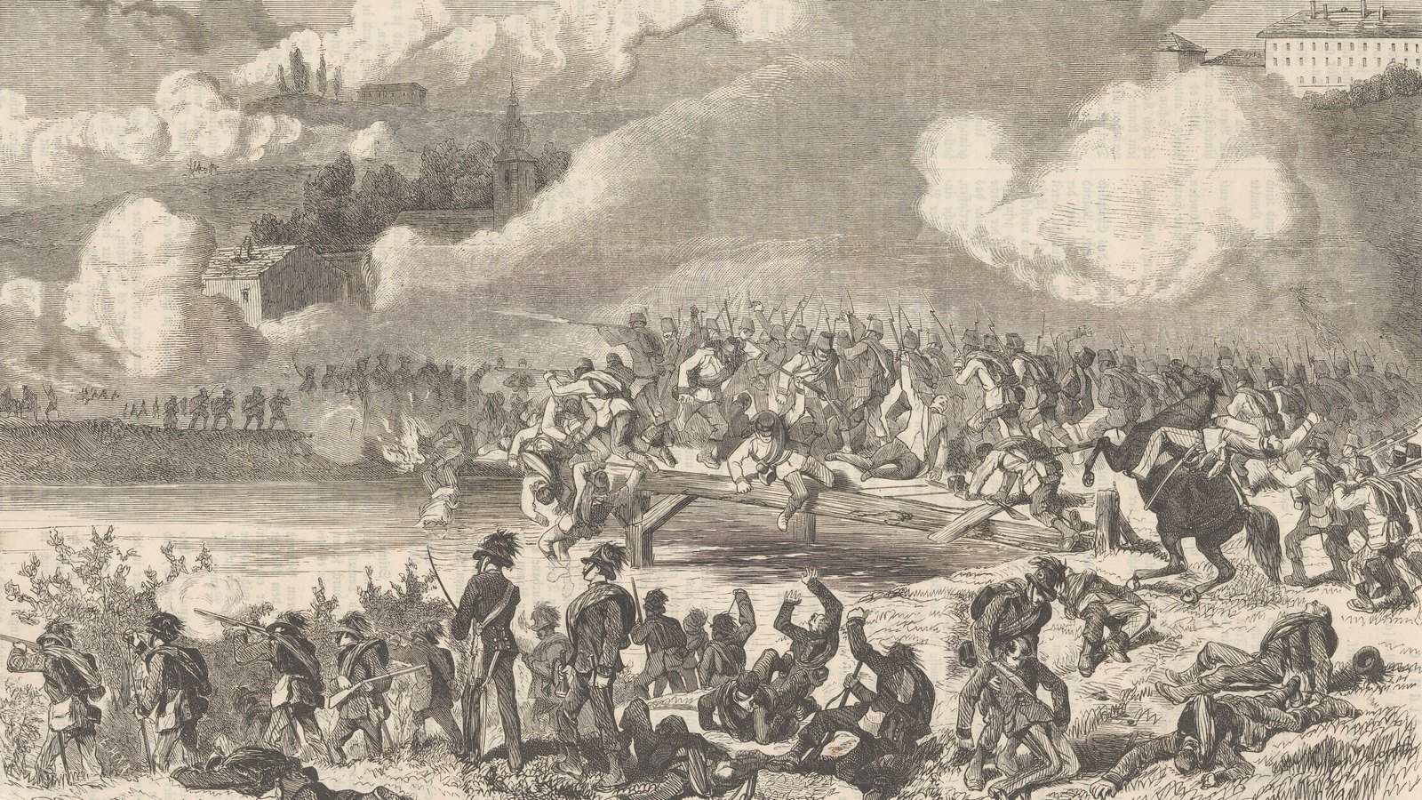 Wood engraving of infantry crowding over a wooden bridge across a river under clouds of gun smoke, with wounded soldiers and a mounted officer in the foreground.
