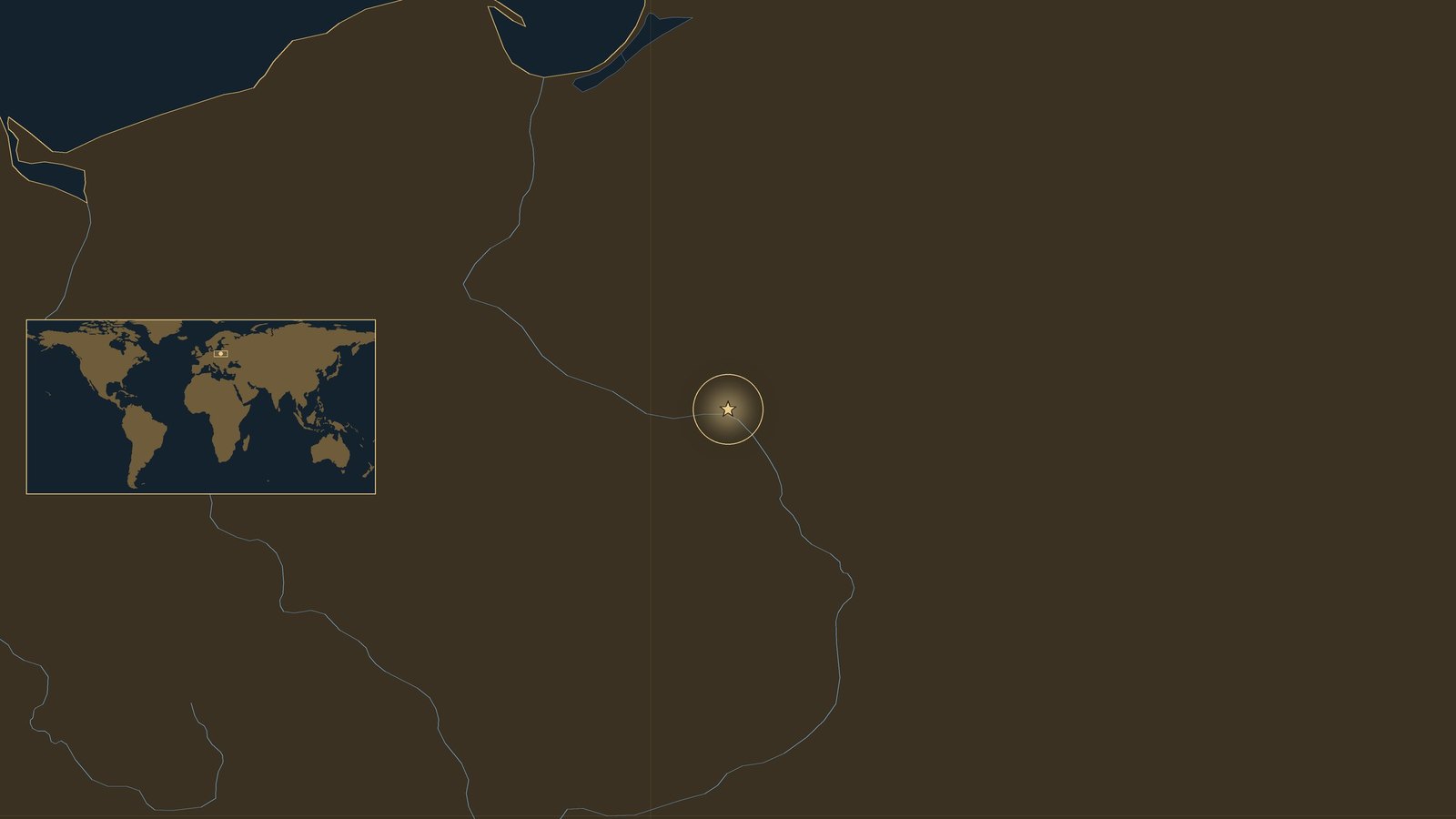 Dark locator map of northern Poland with the Baltic coast, the Vistula and the Bug, and a gold star where the Wkra meets the Bug north of Warsaw, with a small world map inset.