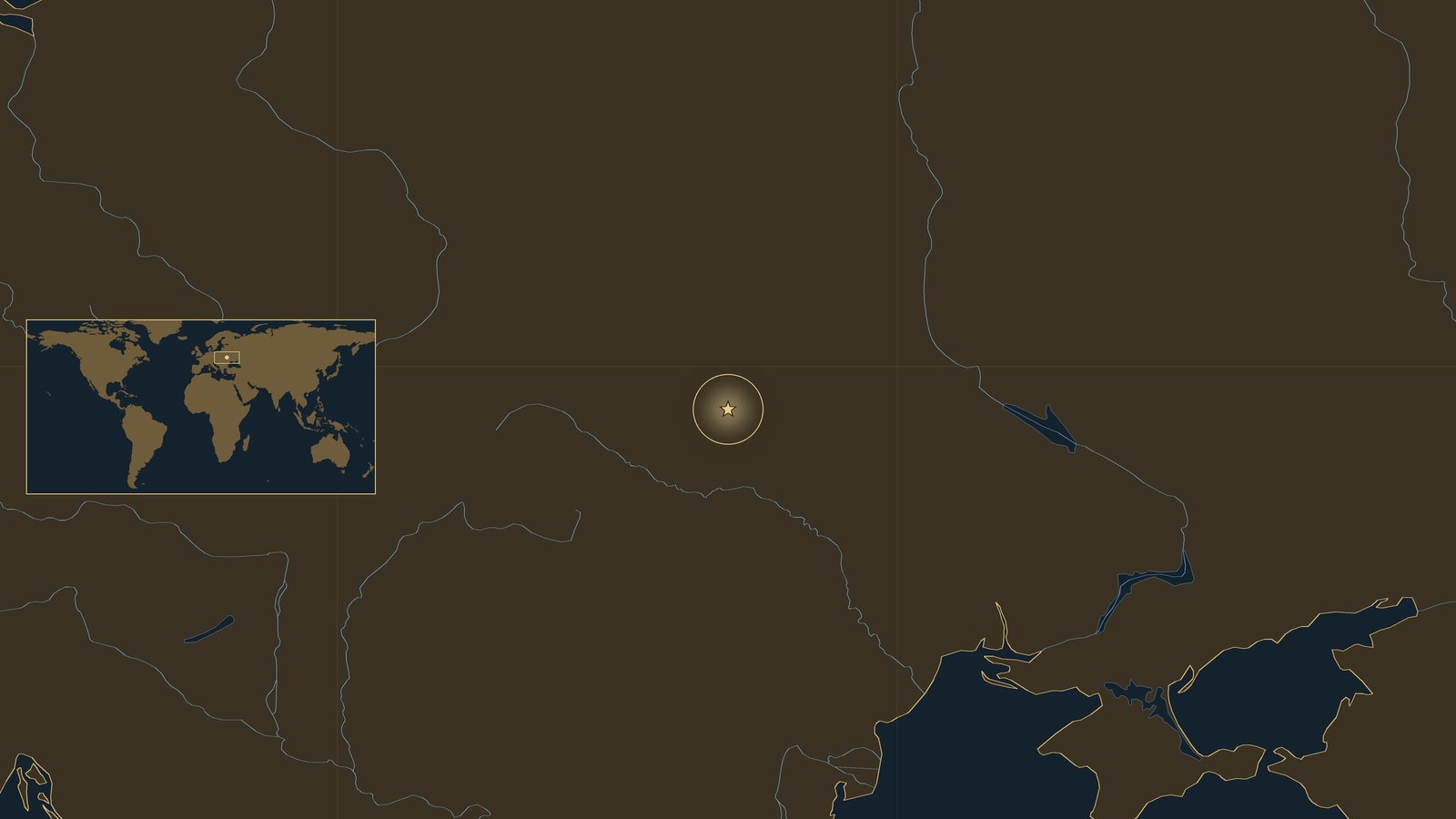 Dark locator map of eastern Europe showing the rivers of Podolia and Ukraine and the north coast of the Black Sea, with a gold star near Chornyi Ostriv on the Southern Bug and a world inset.