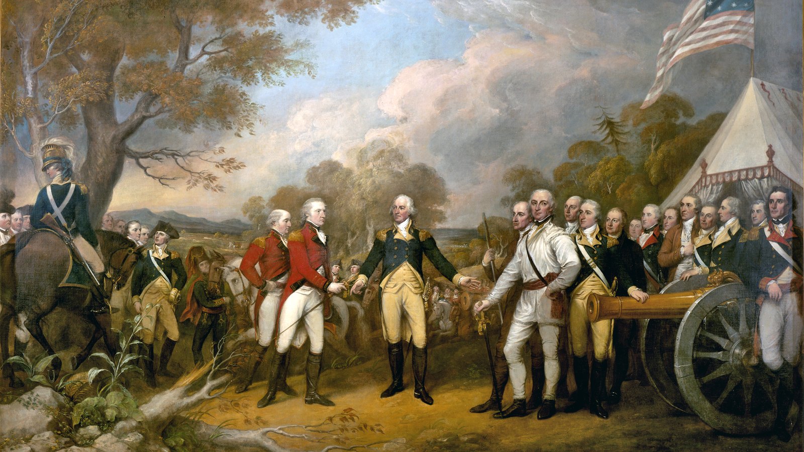 John Trumbull's Surrender of General Burgoyne, in which Daniel Morgan appears in white rifleman's dress
