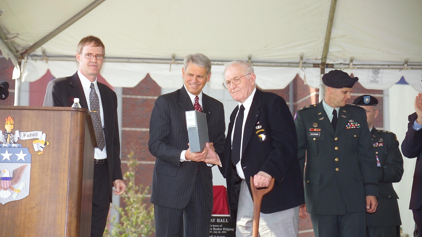 Dick Winters (with cane) at a ceremony at the US Army Heritage and Education Center, Carlisle, Pennsylvania