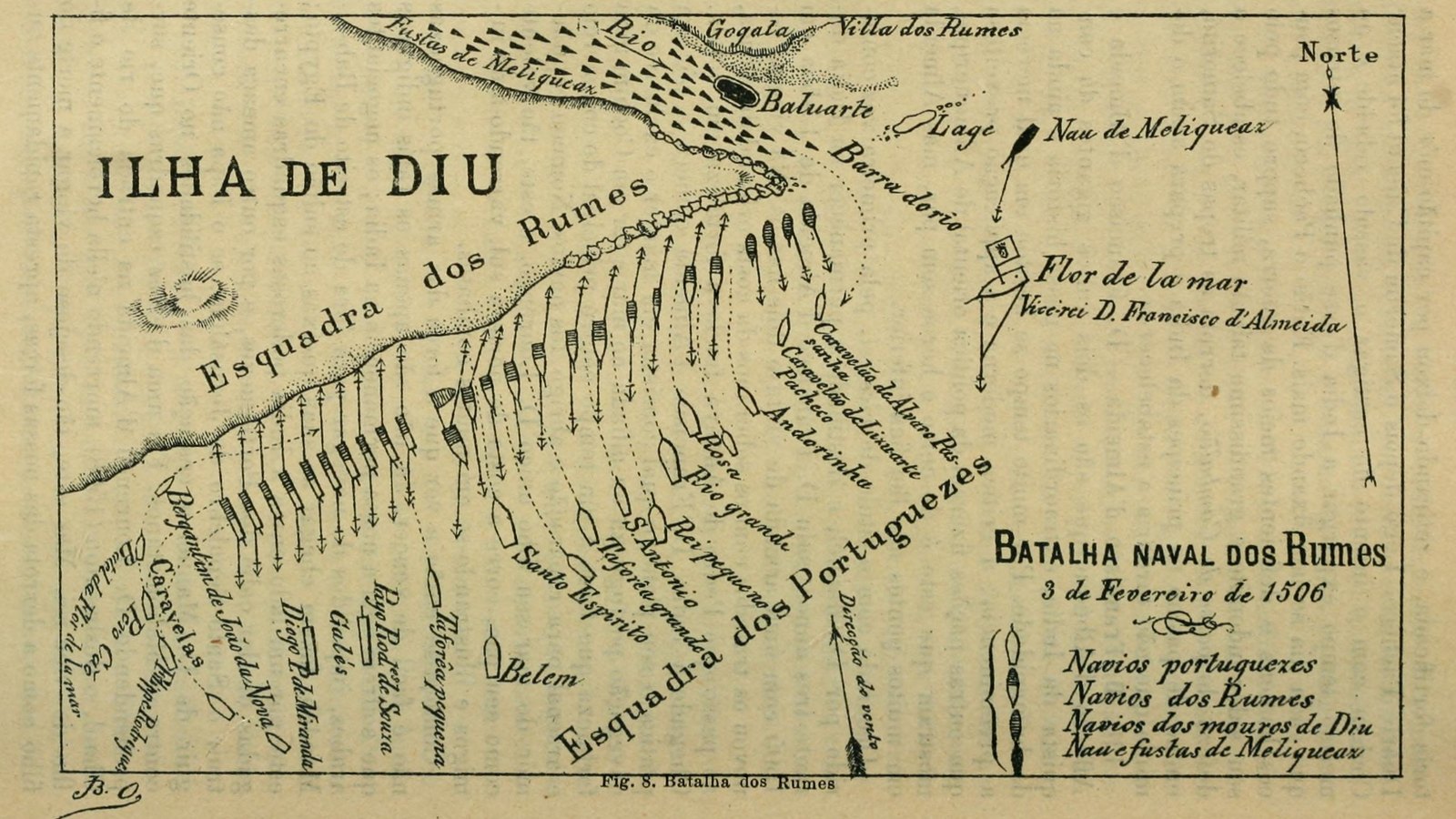 Old printed plan of the naval battle of Diu: the island of Diu at the top left, a long line of enemy ships along its shore, and the Portuguese ships with their names attacking in a curving column from the lower right, with the flagship Flor de la Mar marked offshore.