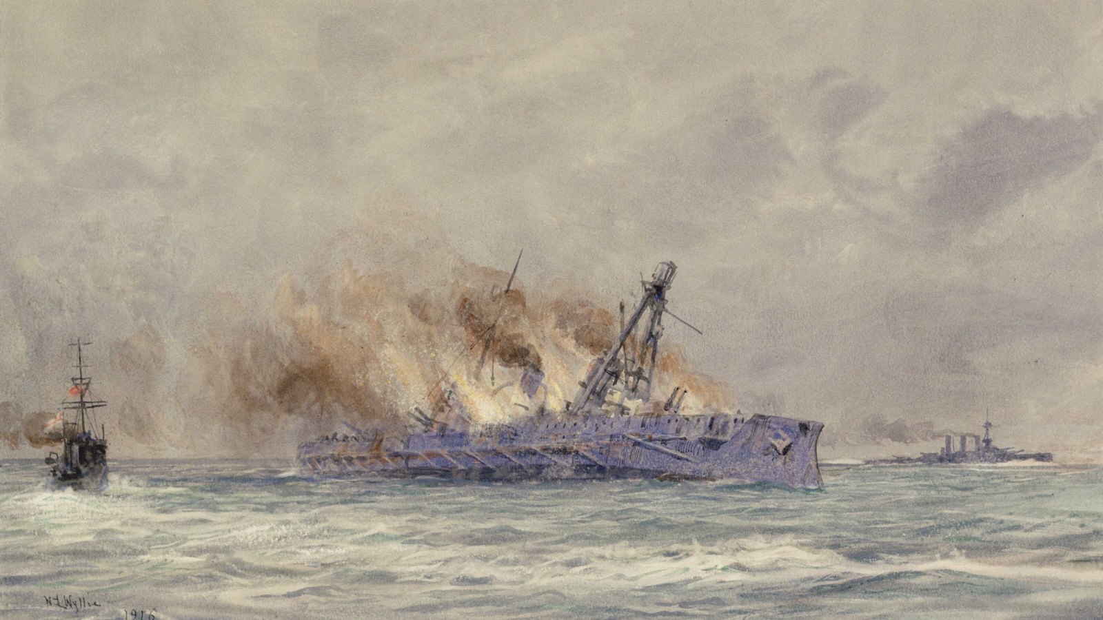 Watercolor of a gray warship capsizing on its side in a heavy sea, wrapped in brown smoke and fire, a small destroyer to the left and a battlecruiser on the horizon to the right.