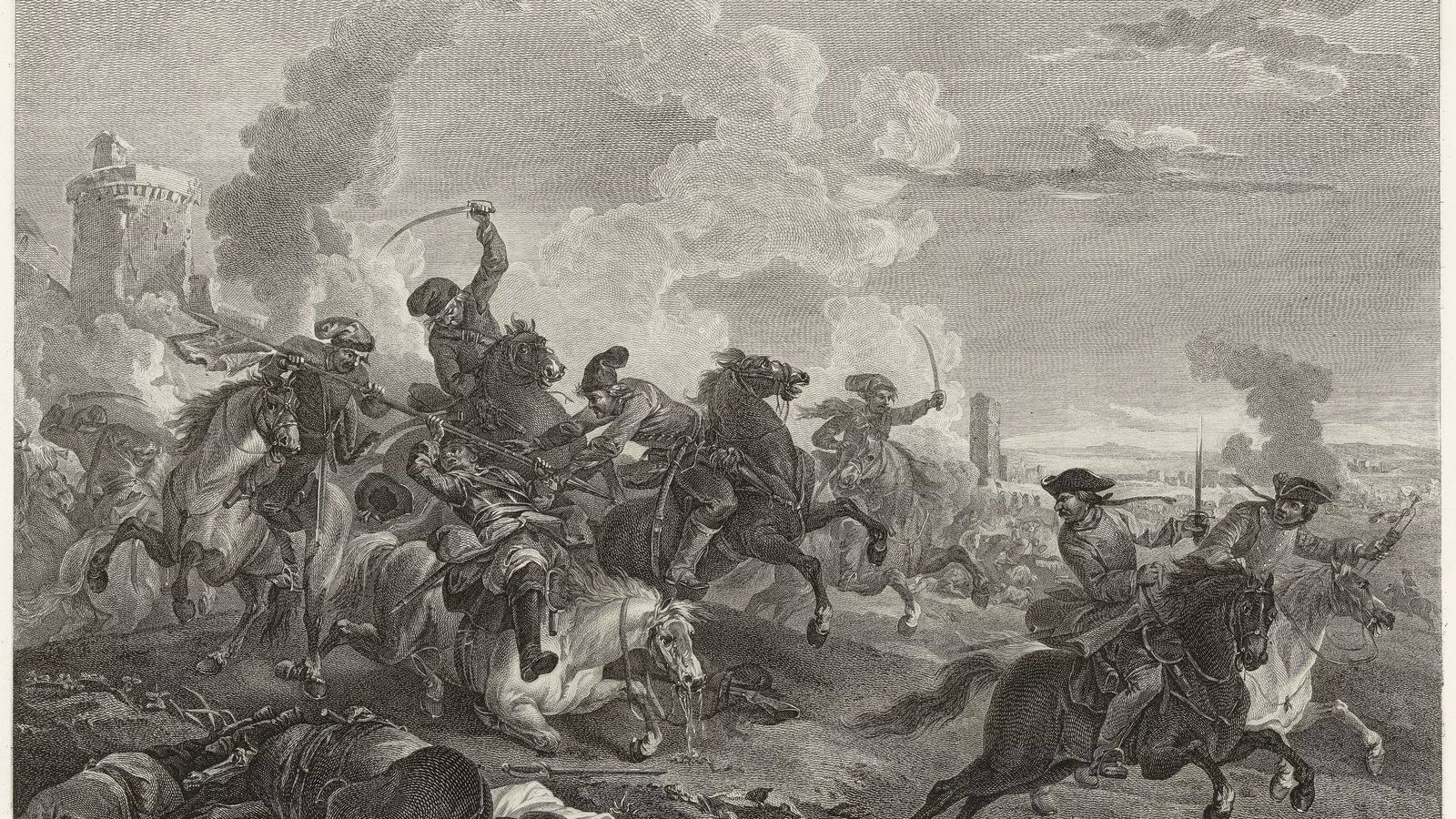 Engraving of Austrian hussars and dragoons with raised sabers charging Prussian horsemen amid gun smoke, with fallen men and horses in the foreground and a tower behind.