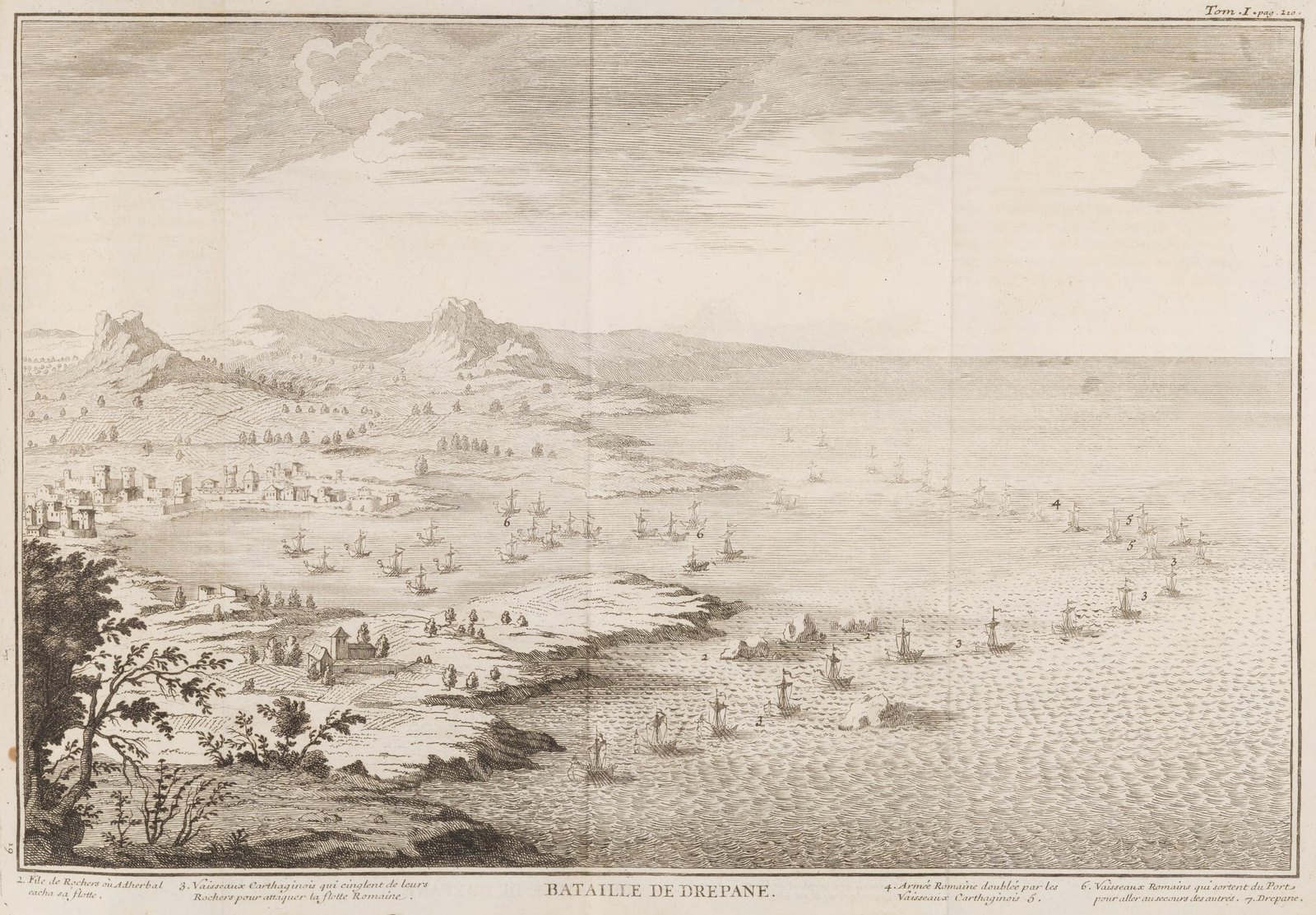 Eighteenth-century engraving of a wide bay seen from a wooded headland: a walled town on the shore at left, hills behind, a line of rocks running out to sea, and numbered sailing galleys, one group inside the bay and another rounding the rocks to attack a column of ships in open water