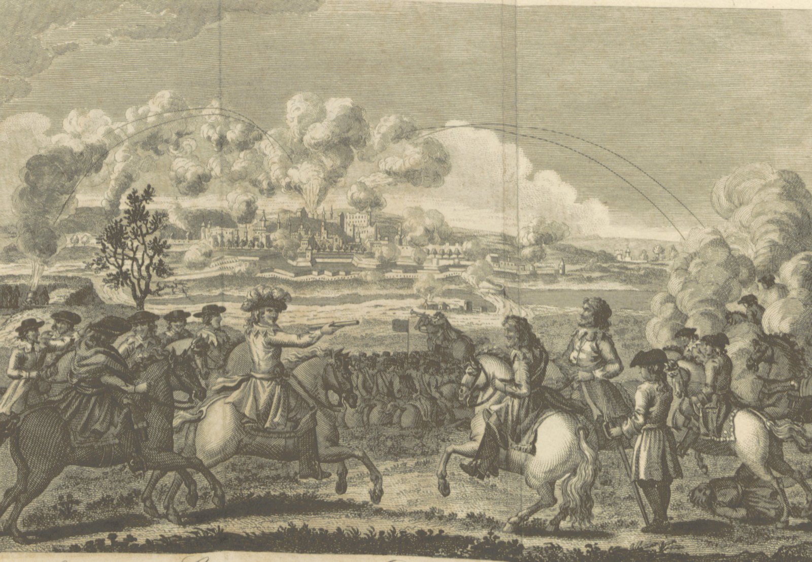 Copper engraving of a siege: horsemen in broad hats and long coats gather in the foreground, one pointing a pistol, while beyond a river plain a walled town with towers and steeples is wrapped in smoke from cannon fire, the arcs of shells drawn across the sky