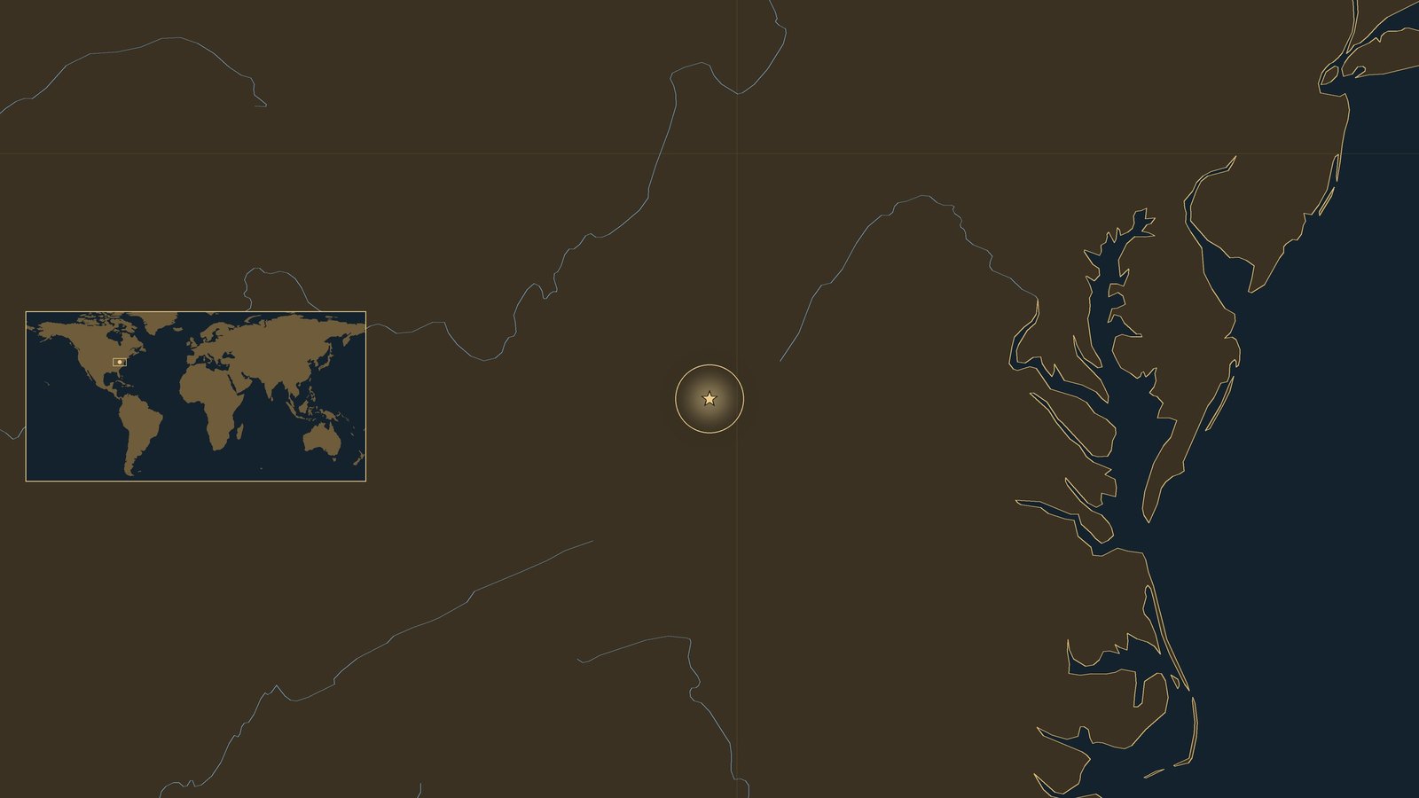 Dark locator map of the eastern United States showing a gold star in West Virginia near the Virginia border, with a world inset.