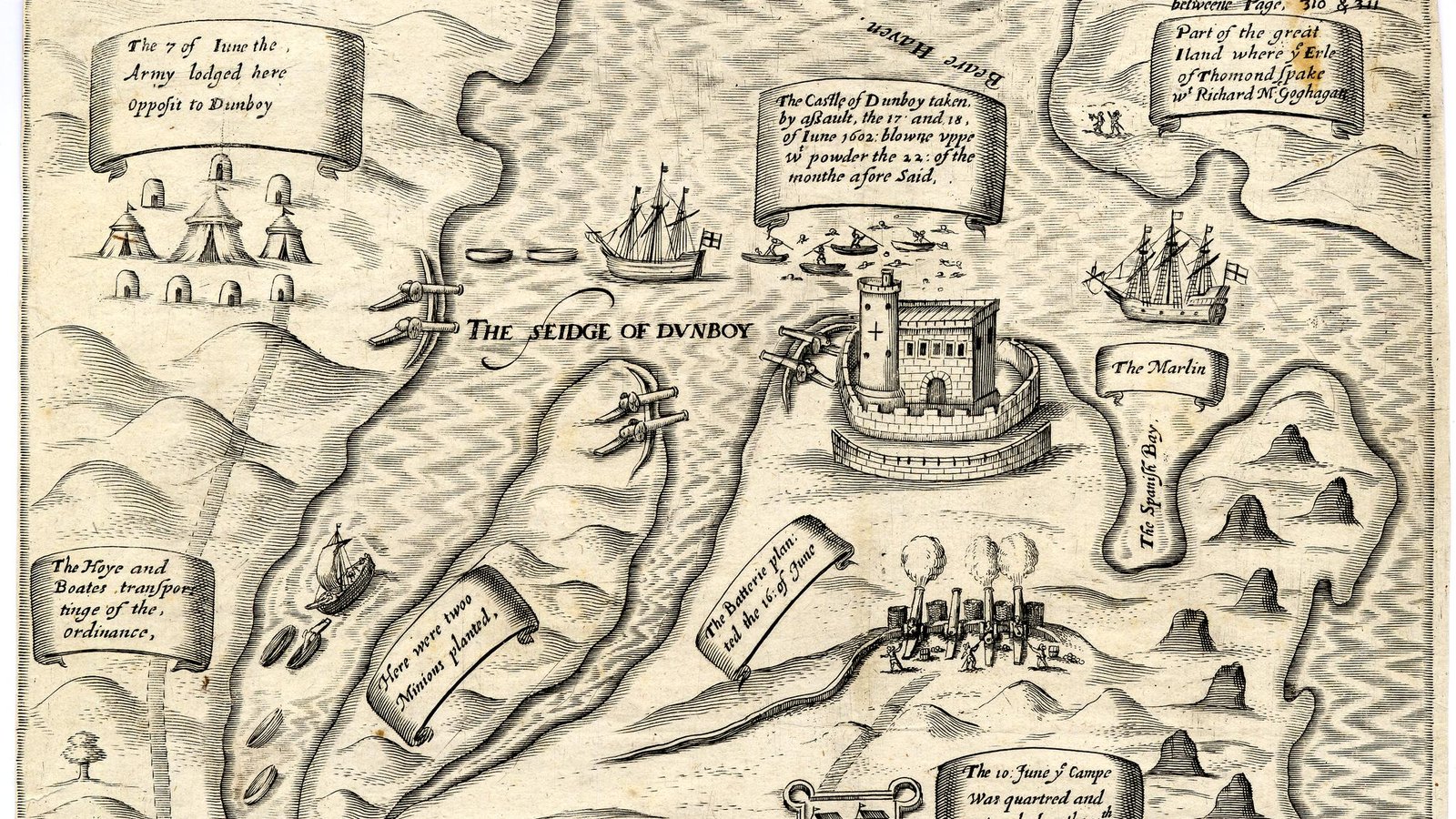 Seventeenth-century engraved plan of a castle on a bay with ships, cannon batteries, an army camp and tents, and banners describing the stages of the siege.