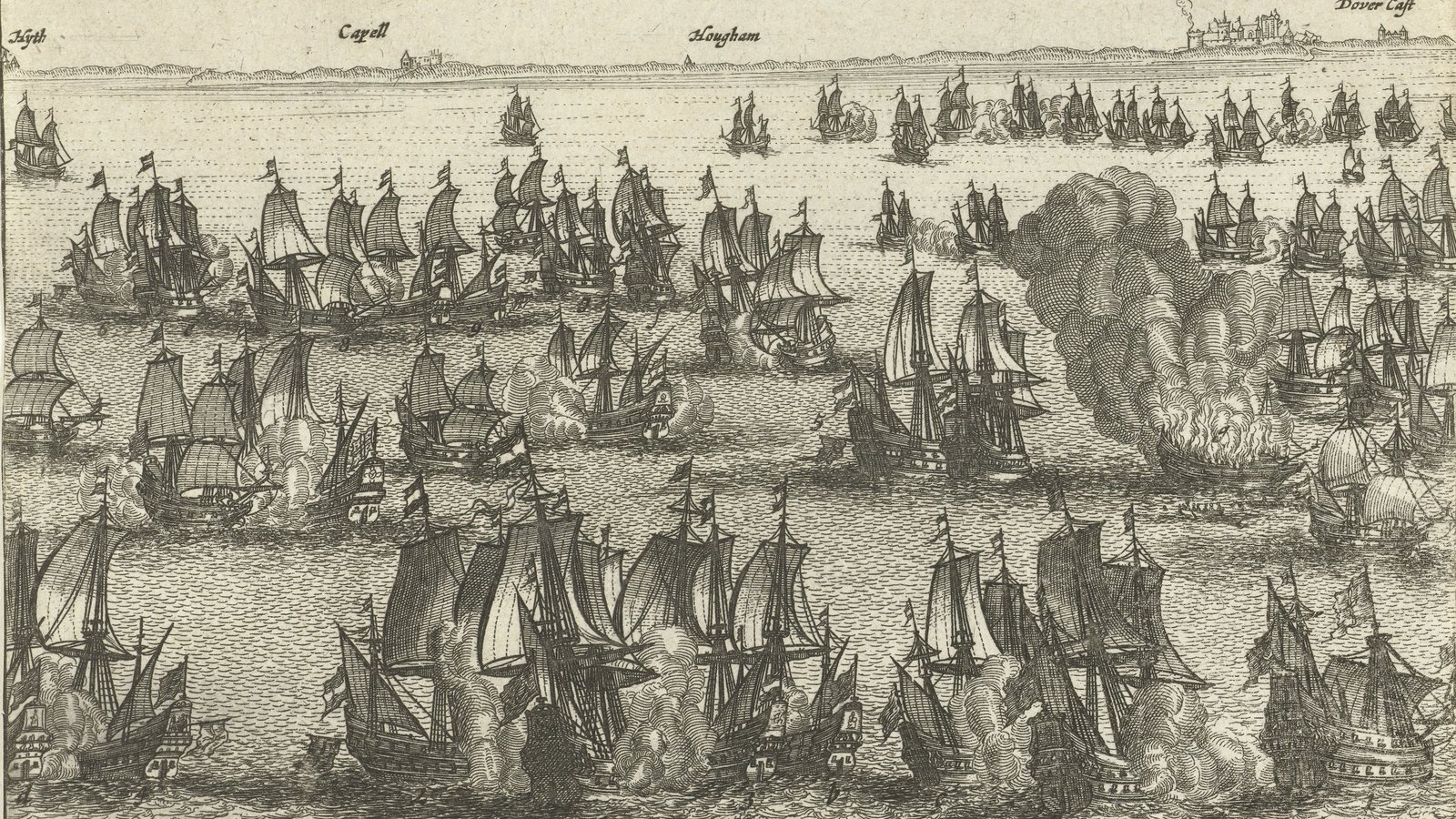 Seventeenth-century Dutch engraving of a sea battle: dozens of sailing warships in close action amid clouds of gunsmoke, one ship ablaze, with the Kent coast, Dover and its castle on the horizon and a numbered key across the top.