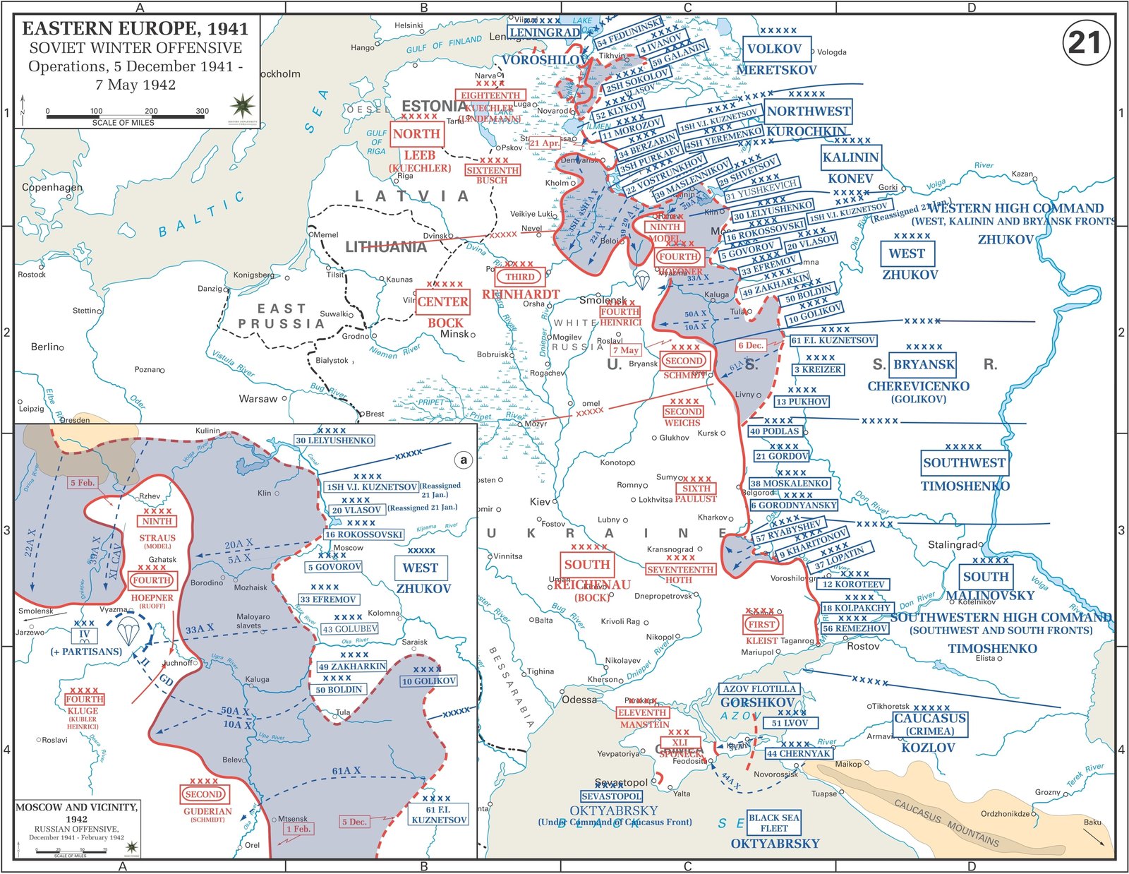 Color campaign map of eastern Europe from the Baltic to the Caucasus, with the German front line in red and blue Soviet army labels pressing it back west of Moscow, and an inset map of the fighting around Moscow.