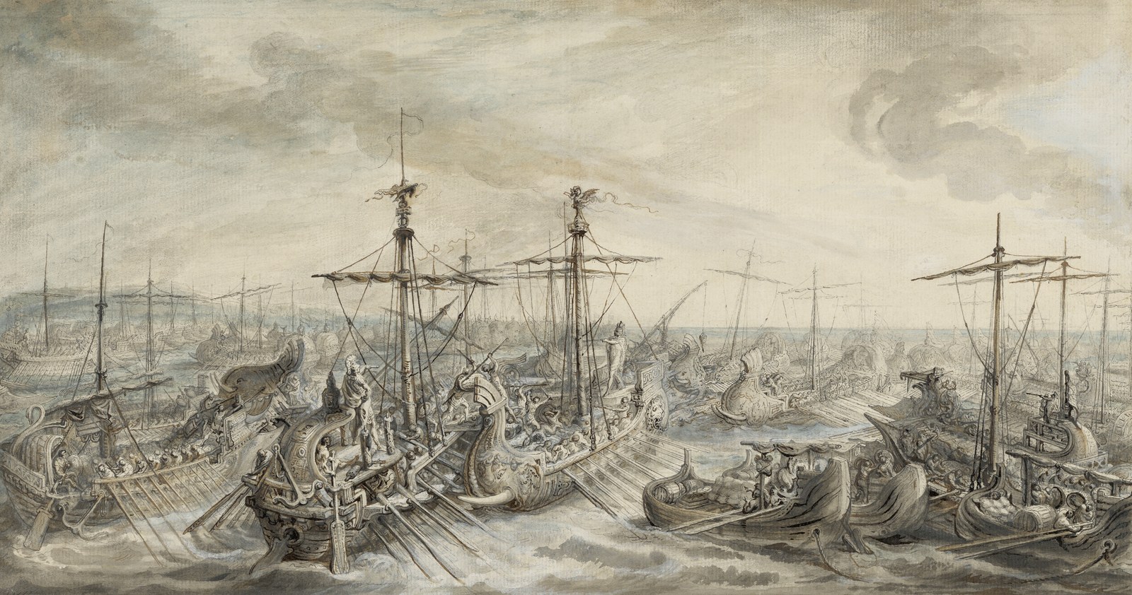 Eighteenth century gray wash drawing of a crowded sea battle between ancient galleys with carved prows, long banks of oars and masts with furled sails, soldiers fighting on the decks in the foreground and dozens more ships fading into the distance under a cloudy sky