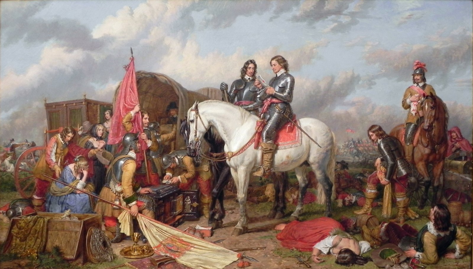 Oil painting of a battlefield after the fight: Cromwell in armor on a white horse reads a captured letter beside a covered wagon, while soldiers rifle chests and a fallen royal standard, and wounded and dead lie on the ground.