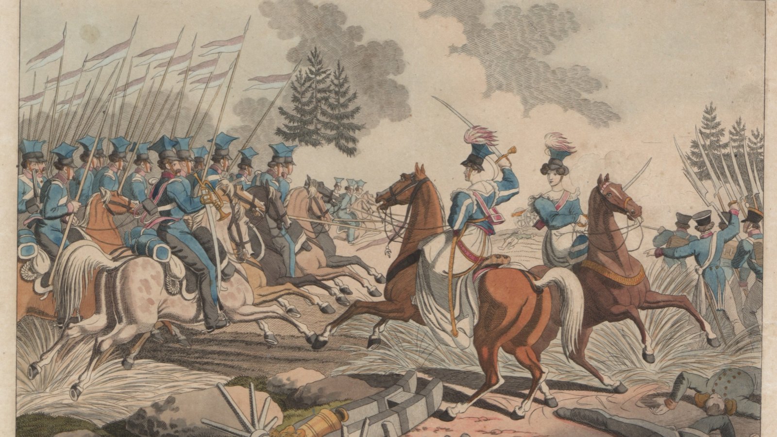 A romanticised 19th-century print of Countess Emilia Plater riding into battle with Polish uhlans