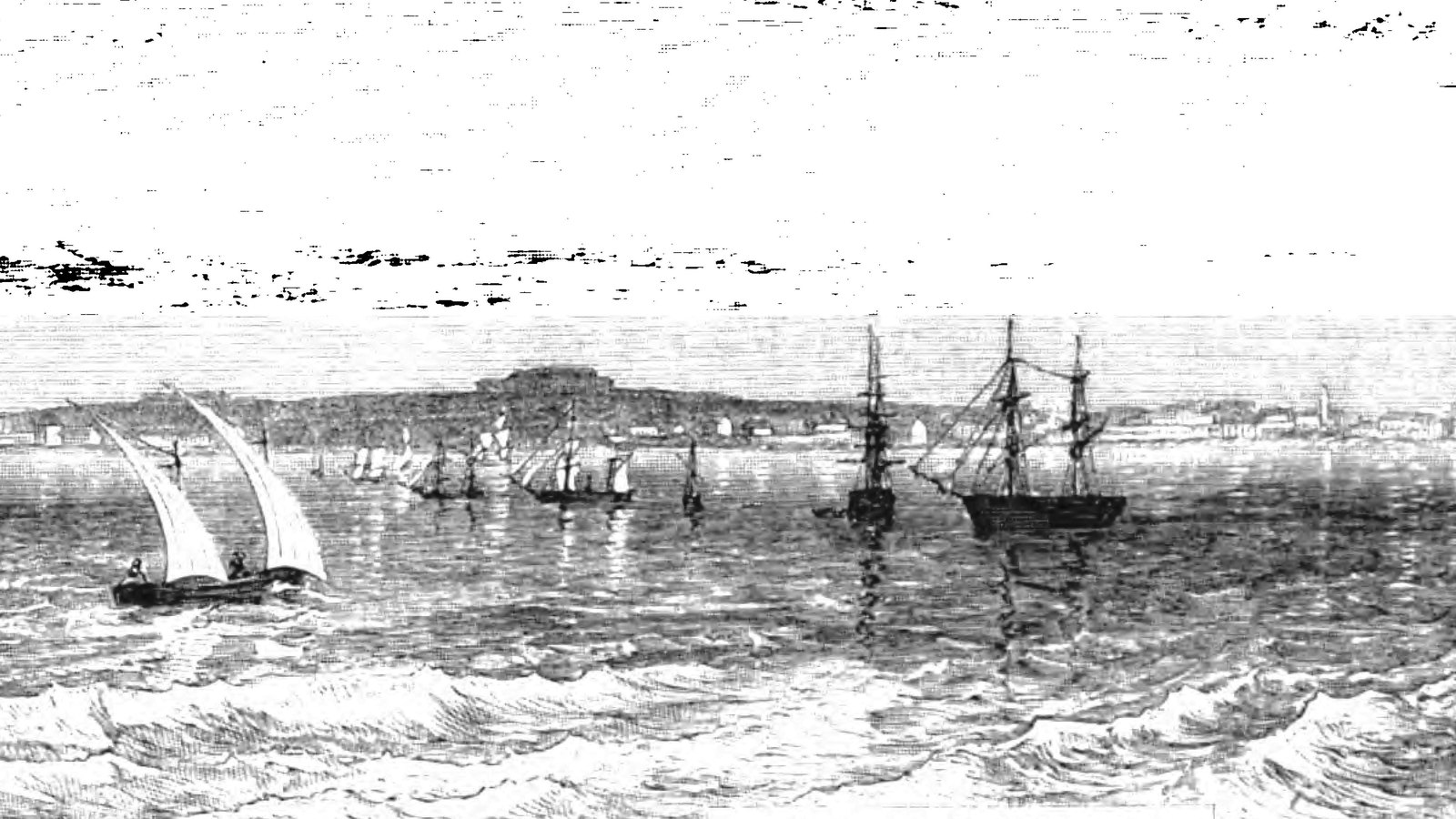 Nineteenth-century wood engraving of a low coastal town seen from the sea, with sailing ships at anchor, a small boat with two lateen sails in the foreground and choppy waves.