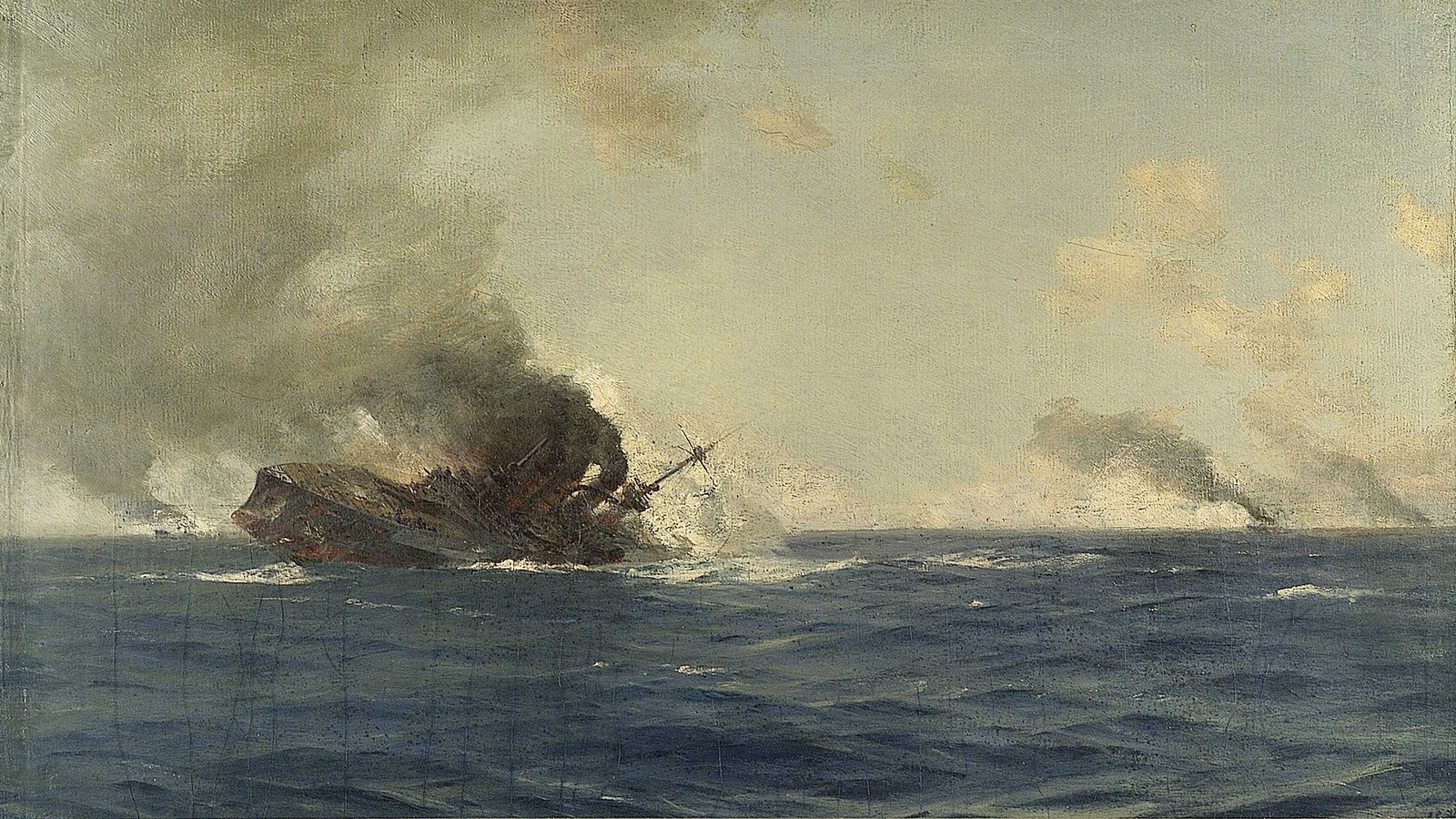 Painting of a calm gray-blue sea under a pale sky: a German cruiser lies over on her side, half sunk and wreathed in black smoke, while two distant warships trail smoke on the horizon.