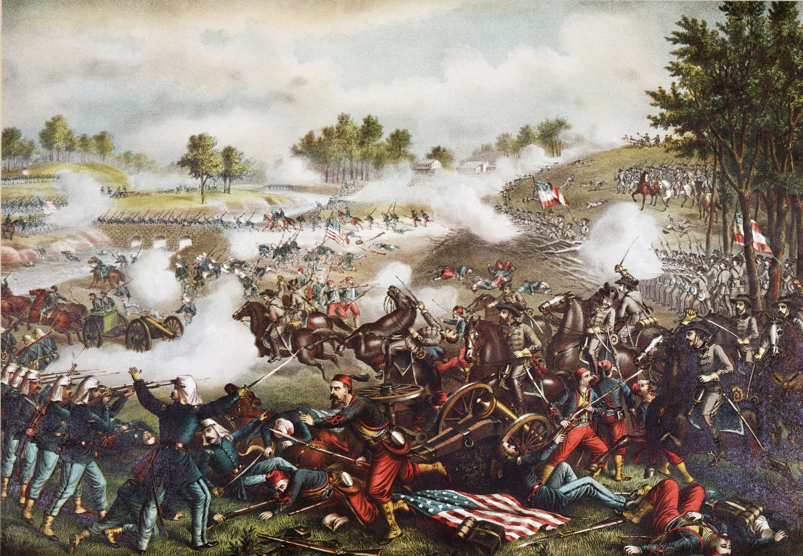 Kurz and Allison chromolithograph of Union and Confederate troops clashing around artillery at the First Battle of Bull Run