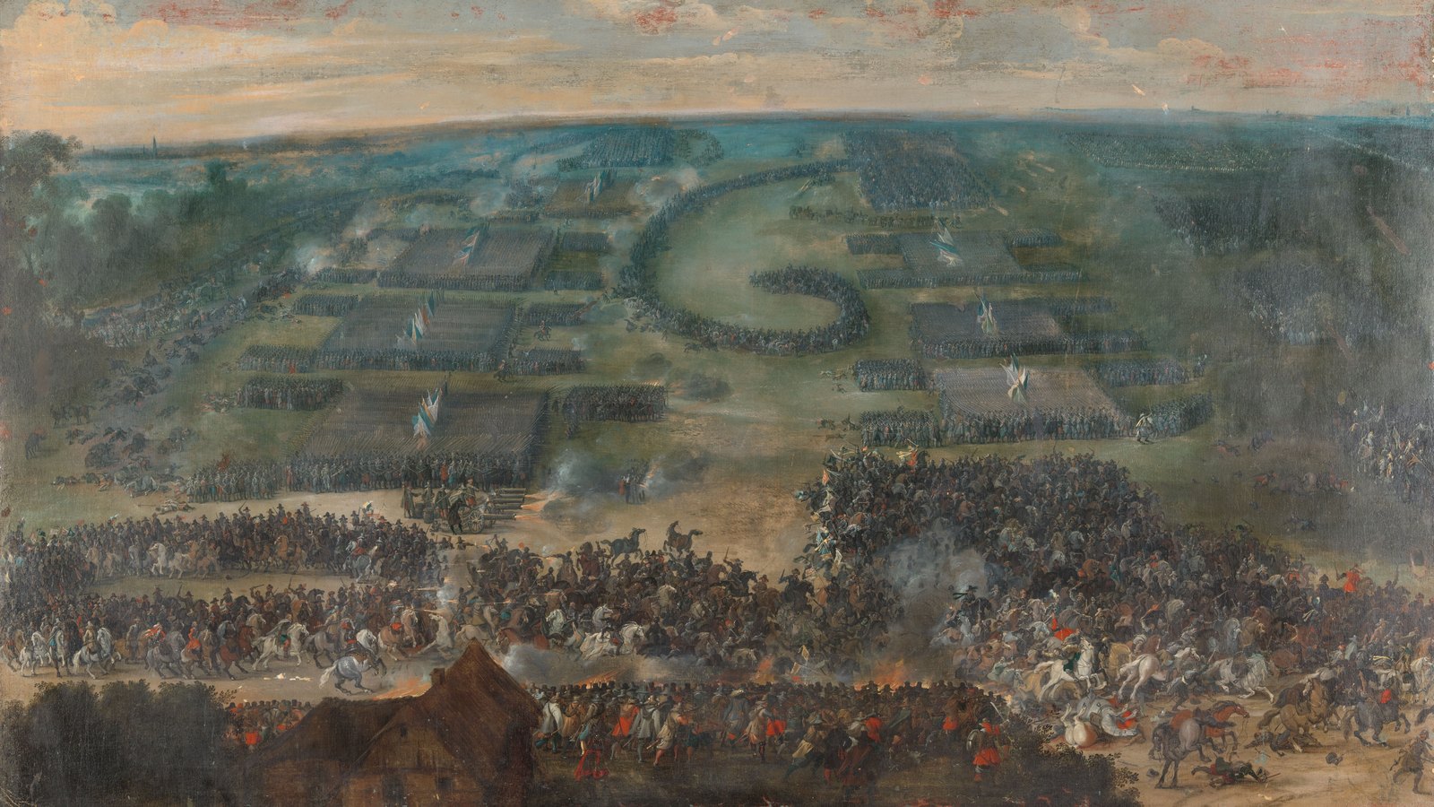 Seventeenth-century painting of the Battle of Fleurus seen from above: masses of cavalry clash in the foreground near a farmhouse, while blocks of infantry stand in formation across a wide green plain.