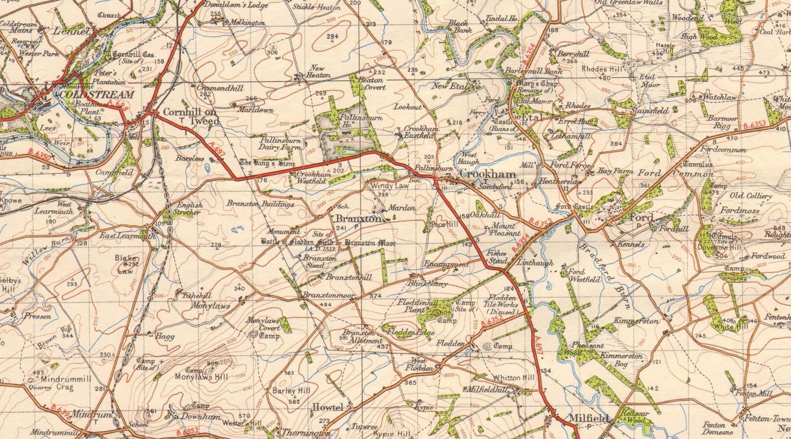 Dawna mapa Ordnance Survey północnego Northumberlandu z Coldstream, Branxton, Flodden Edge, Ford i Etal oraz zaznaczonym miejscem bitwy pod Flodden koło Branxton