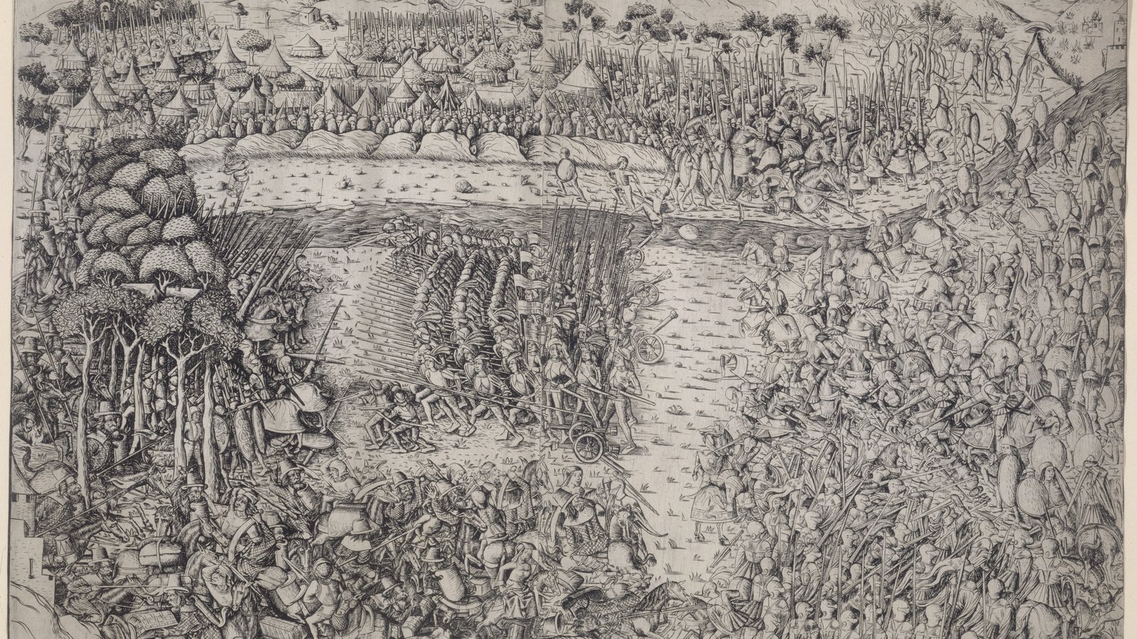 Densely detailed early engraving of a battle on a river plain, with armored cavalry, pikemen and fallen men in the foreground and tents of a camp on the hills behind.