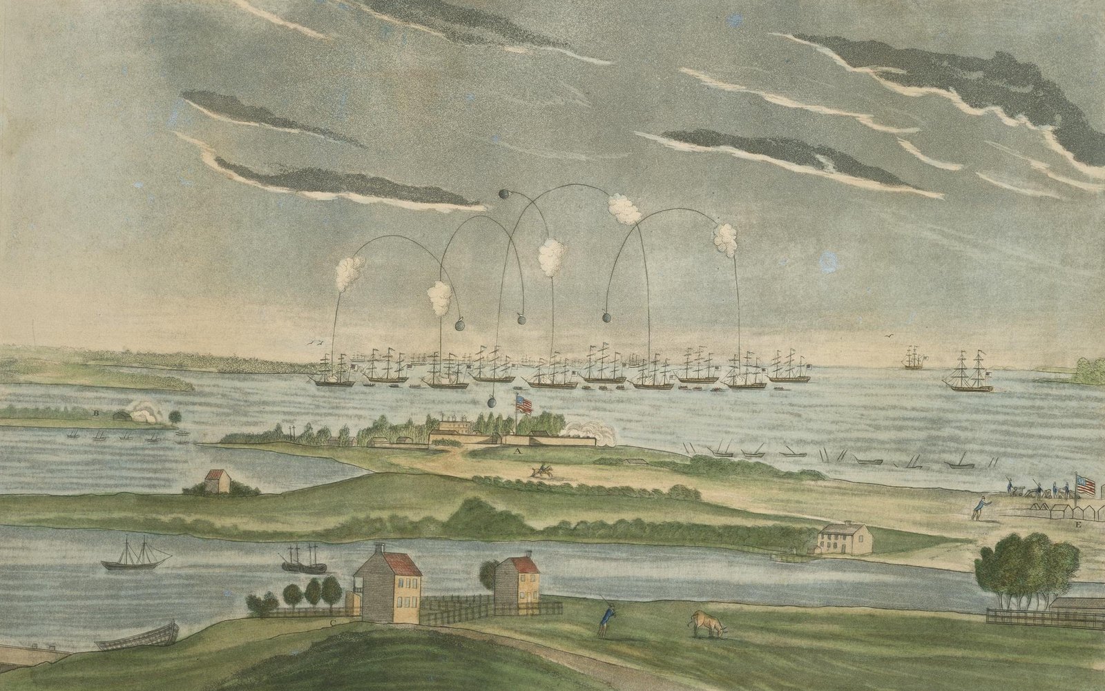 John Bower's 1814 aquatint of the British fleet bombarding Fort McHenry near Baltimore, with shells arcing over the fort and its flag