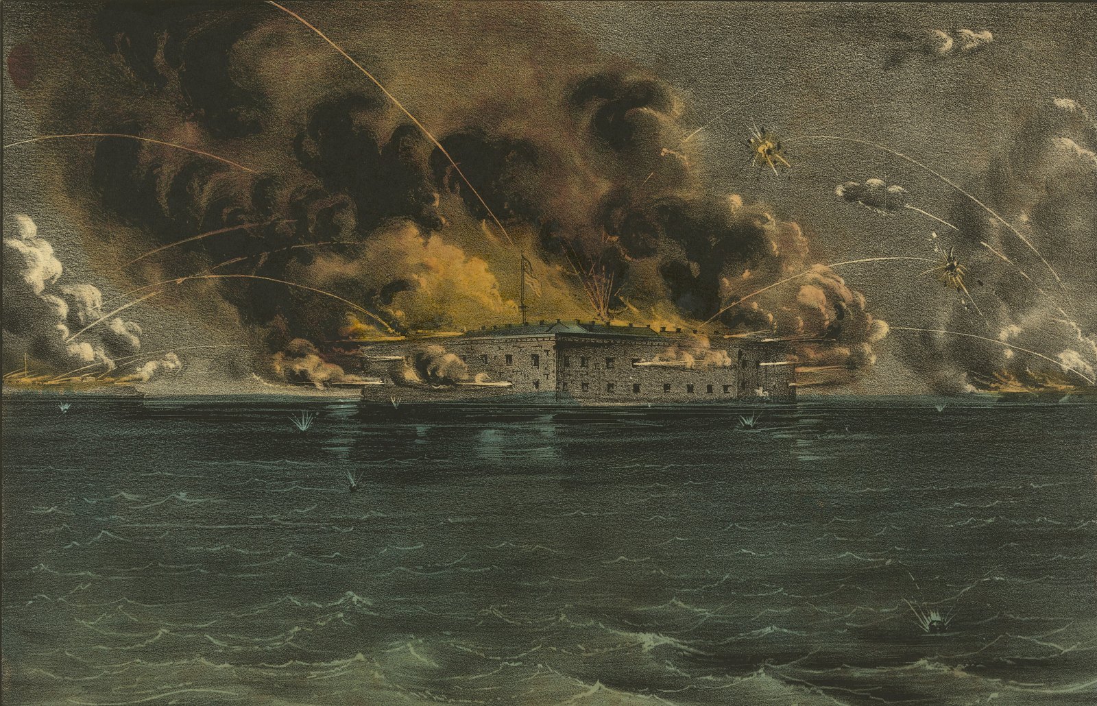 Fort Sumter w płomieniach pod ostrzałem konfederatów w porcie Charleston w kwietniu 1861 roku, litografia Currier and Ives