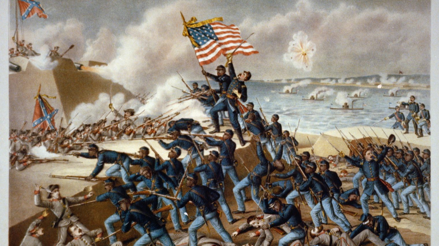 Storming Fort Wagner, chromolithograph by Kurz and Allison, 1890