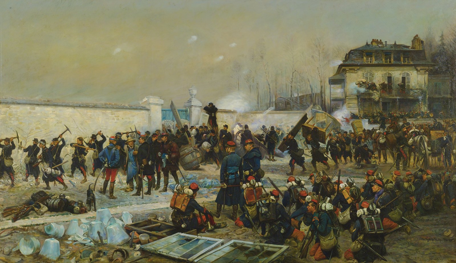 Oil painting of French infantry in red kepis and greatcoats crowding a snowy village street during a winter battle, some breaking through a garden wall with picks, others kneeling with packs and rifles, while smoke rises from a large house on the right.