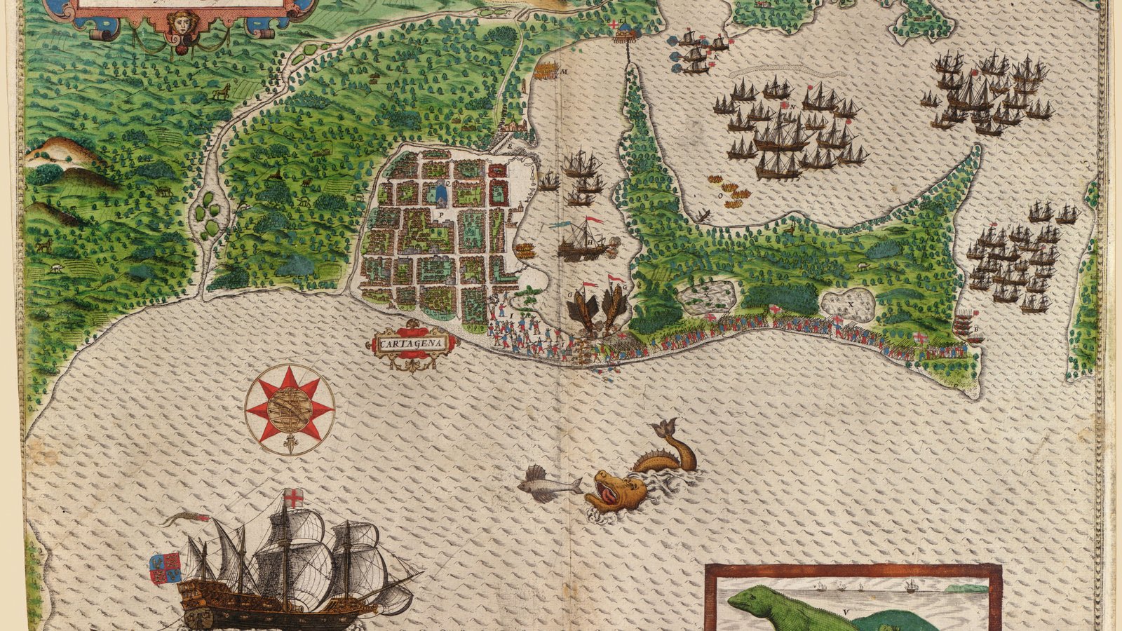 Hand-colored sixteenth-century map of a walled city on a bay, with an English fleet at anchor, a compass rose and sea creatures in the water.