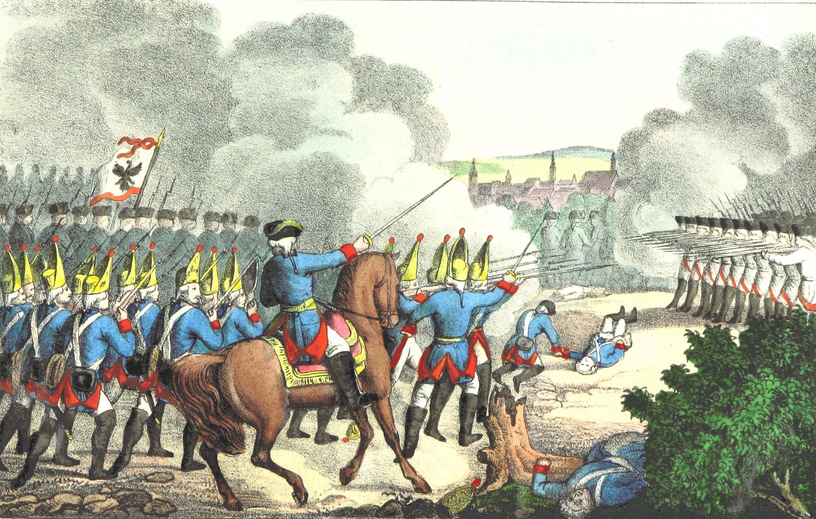 Hand-colored 19th-century print of Prussian grenadiers in blue coats and tall pointed caps advancing with fixed bayonets behind an officer on a brown horse, firing at a line of white-coated soldiers on the right, with a town and church towers in the smoke behind