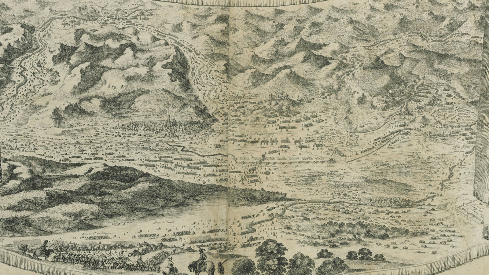 Seventeenth-century engraving of the fighting before Freiburg: a wide bird's-eye view of wooded hills, the walled town and long lines of troops in the valley, framed by heavy draped curtains.