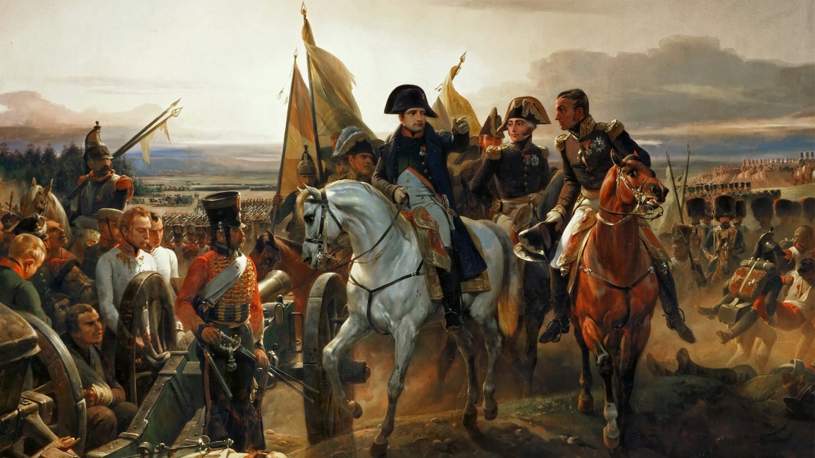 Painting of Napoleon on a white horse giving orders to his generals on a battlefield, with cannon, wounded soldiers and lines of infantry behind.