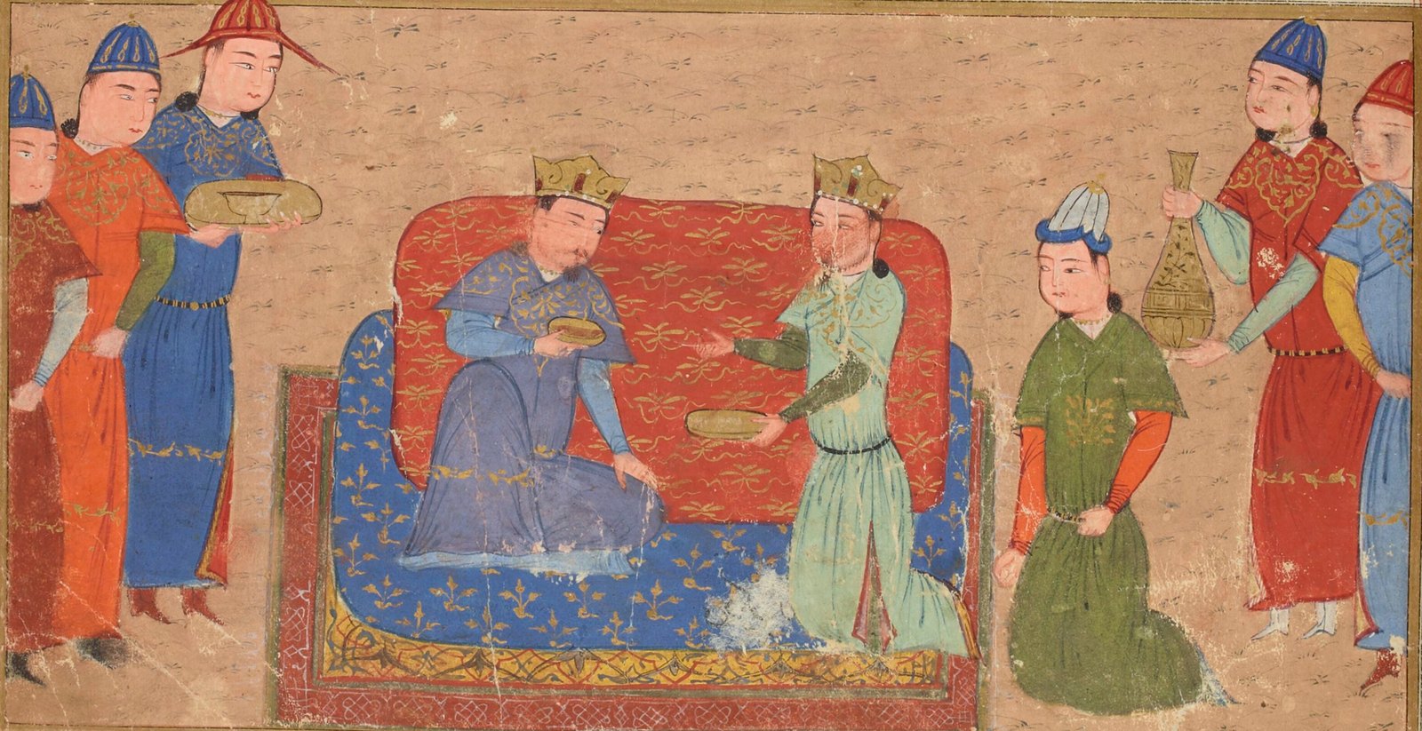 Genghis Khan and his early ally Toghril, the Ong Khan, seated together among attendants, a miniature from a Jami al-tawarikh manuscript made in Herat around 1430
