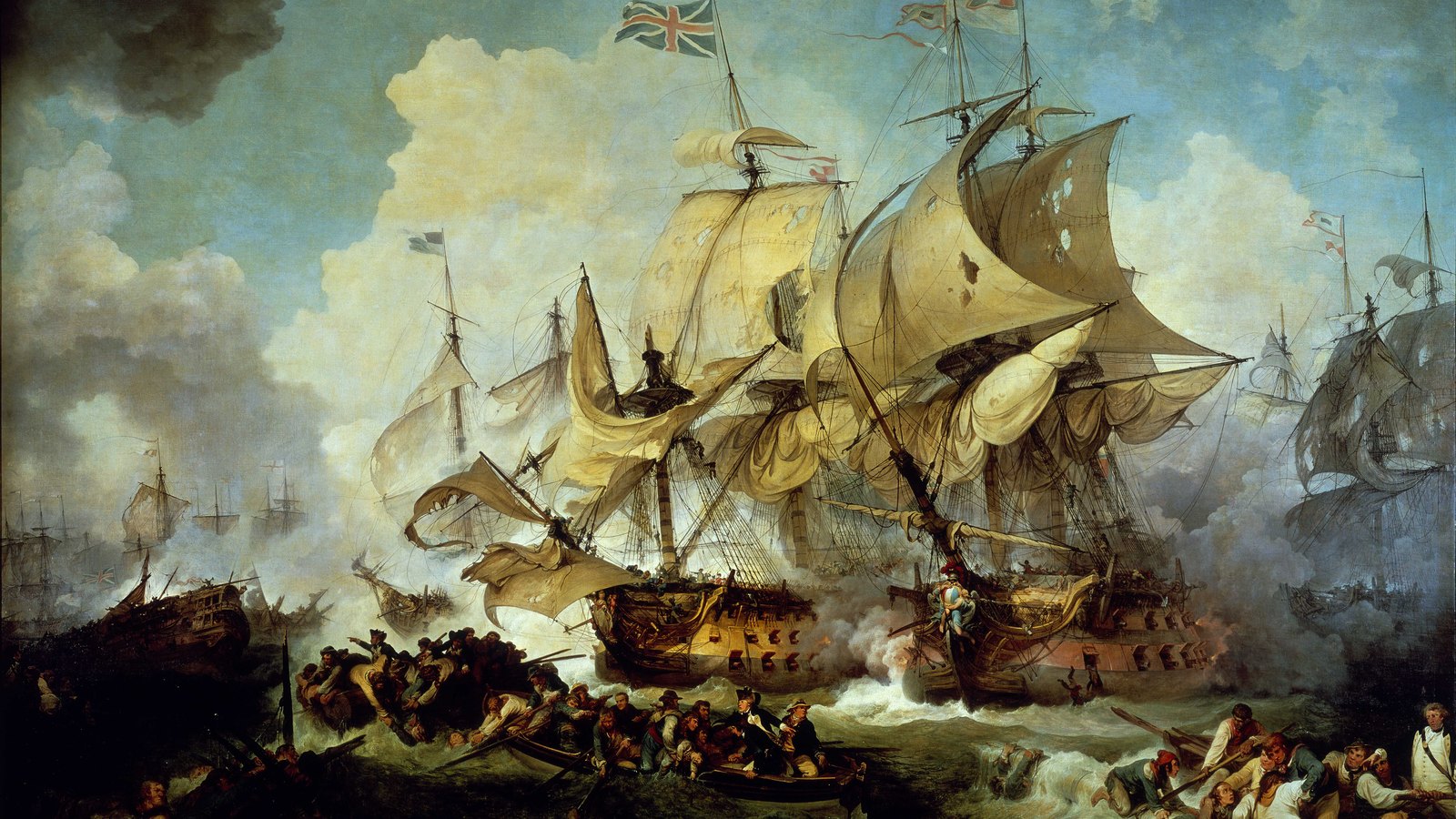 Painting of two great sailing warships locked in battle under torn sails, with British boats pulling French sailors from the waves in the foreground.