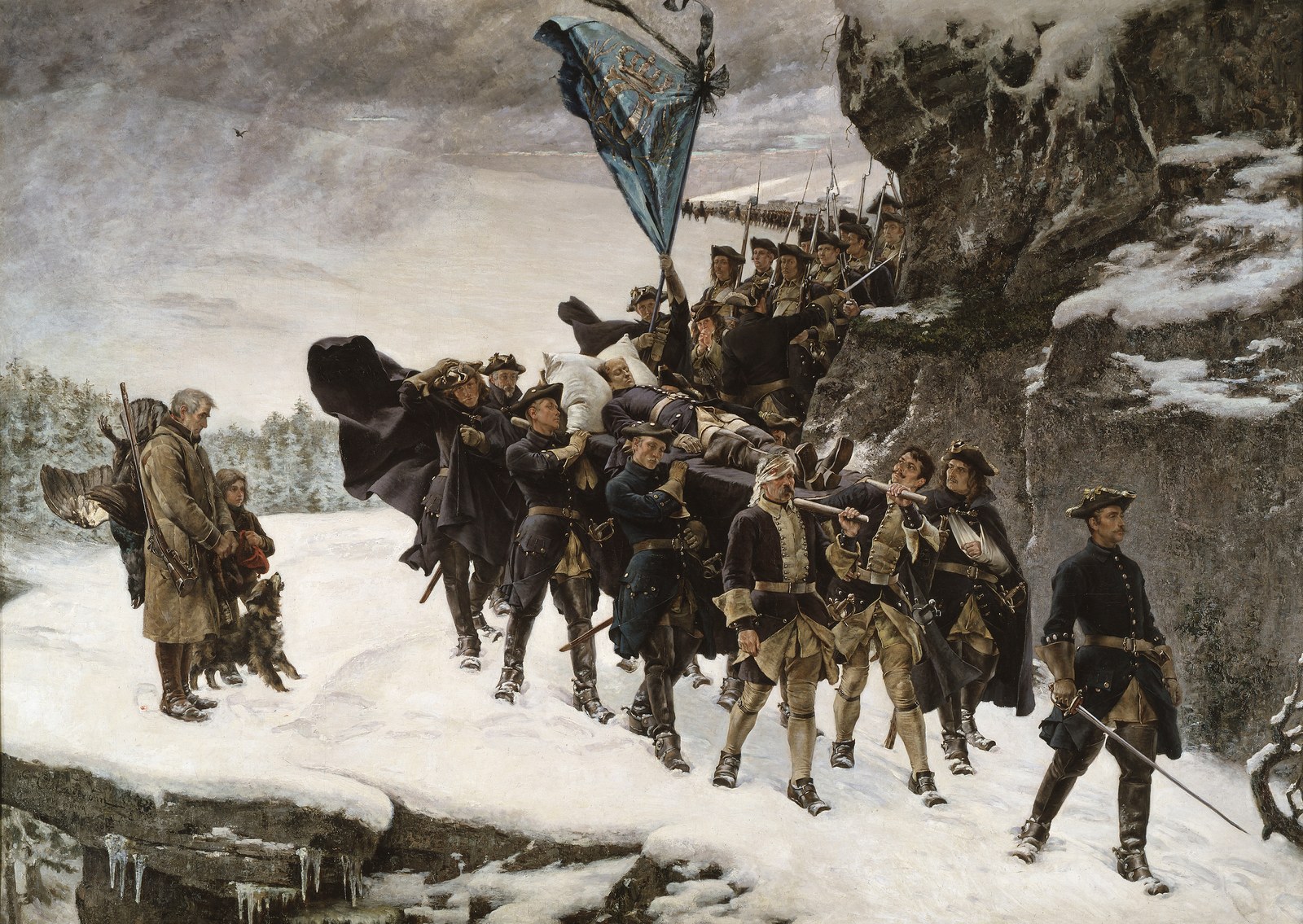 Painting of a winter scene: Swedish soldiers in blue coats and tricorn hats carry a dead king on a stretcher across a snowy rocky slope under a torn blue banner, while an old hunter, a child and a dog watch from the left and a long column of troops follows in the distance.