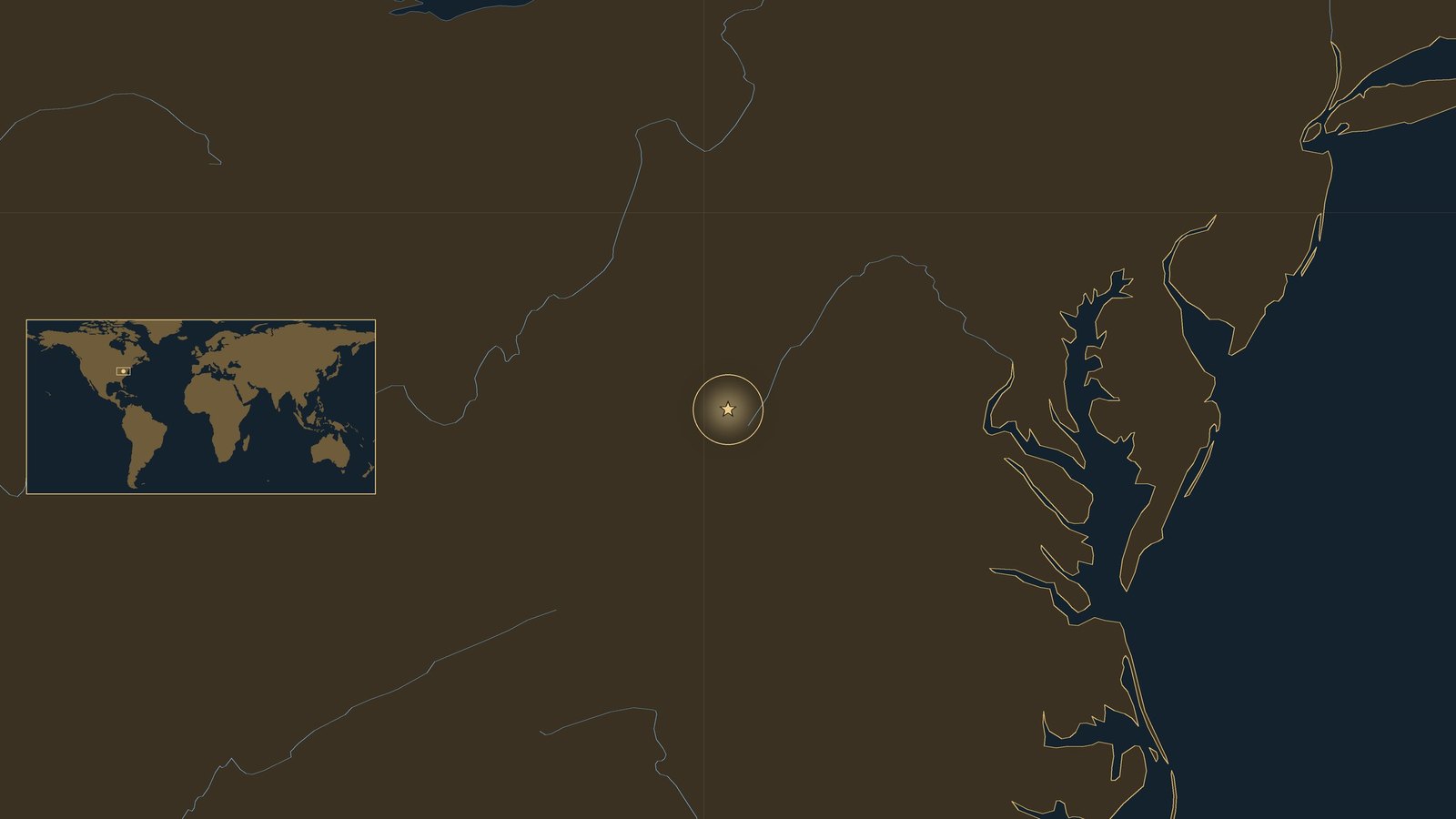 Dark locator map of the eastern United States with a gold star in the mountains of eastern West Virginia, near the Virginia line, and a small world map inset.