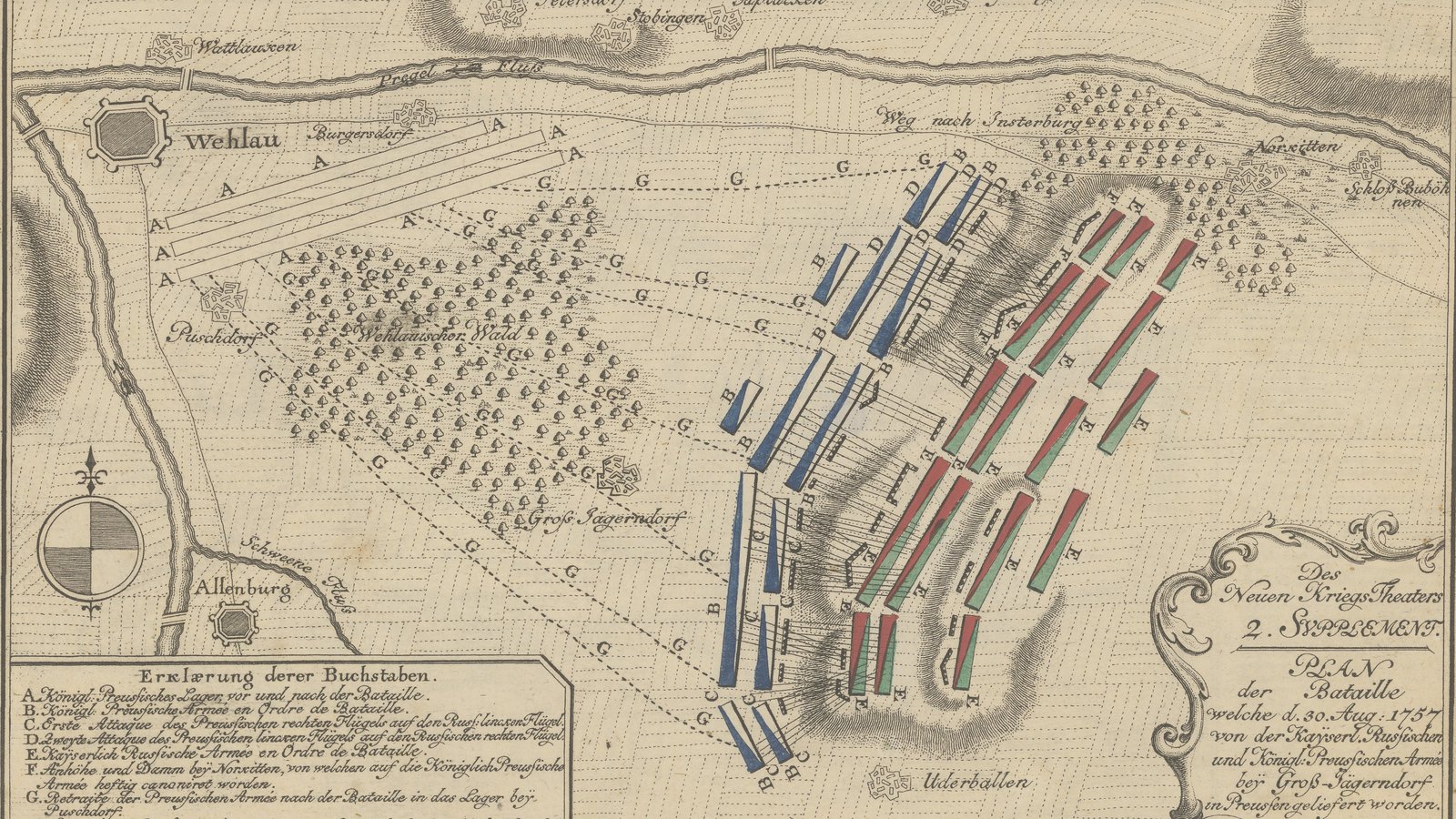 Hand-colored 1763 engraved plan of the Battle of Gross-Jägersdorf, showing blue Prussian and red Russian lines facing each other between woods, with the Pregel River, Wehlau and Norkitten.