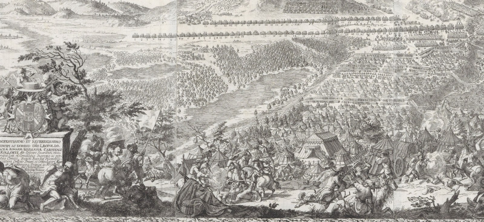 Panoramic etching of a battle: in the foreground cavalry and infantry fight among overturned tents and fallen men, behind them a vast Ottoman camp, and in the distance long numbered lines of troops drawn up across a wooded plain below hills.