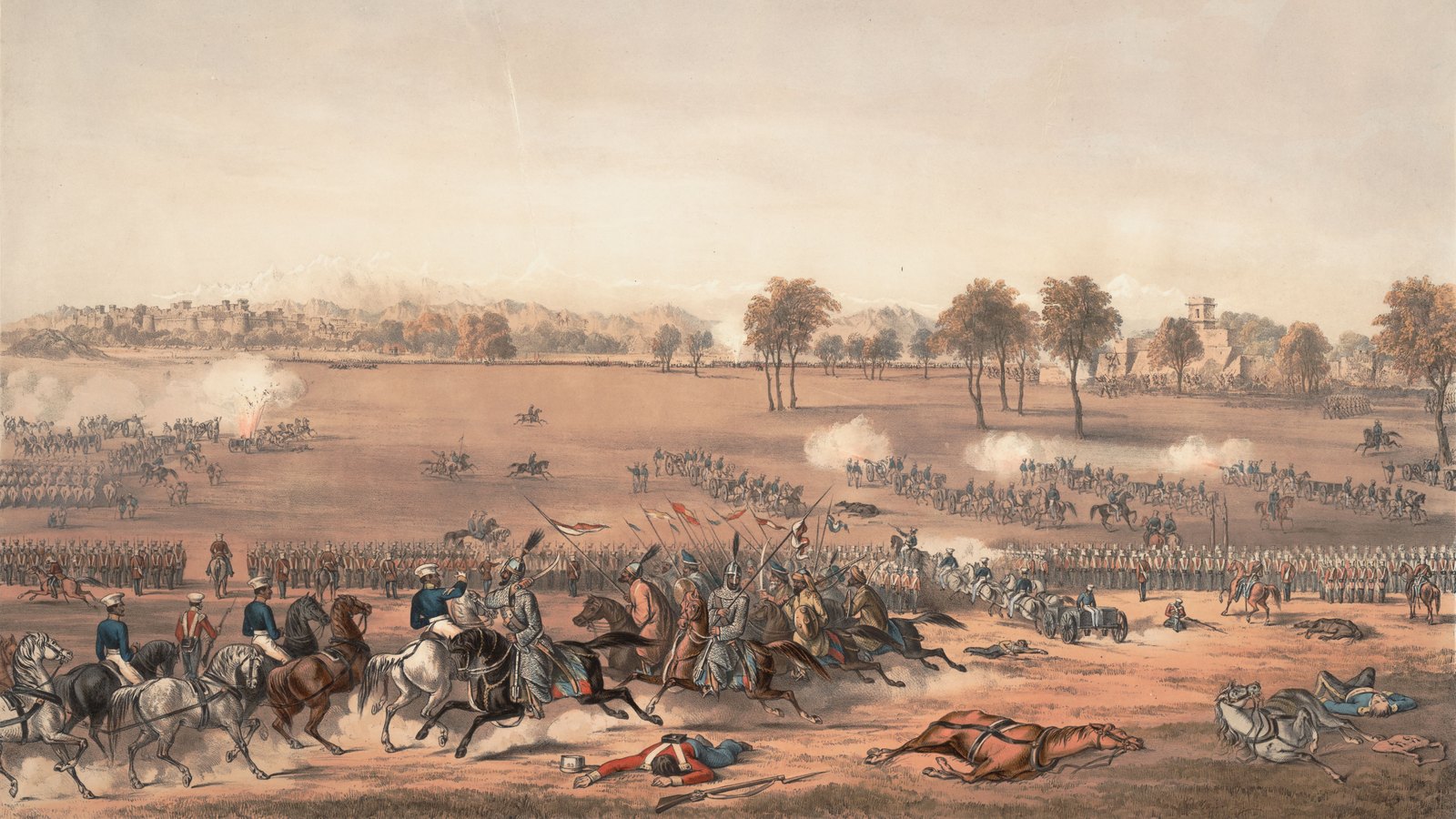 Colored lithograph of a wide plain with lines of red-coated infantry and artillery under smoke, a party of Sikh and Afghan horsemen charging past in the foreground and snowy mountains on the horizon.